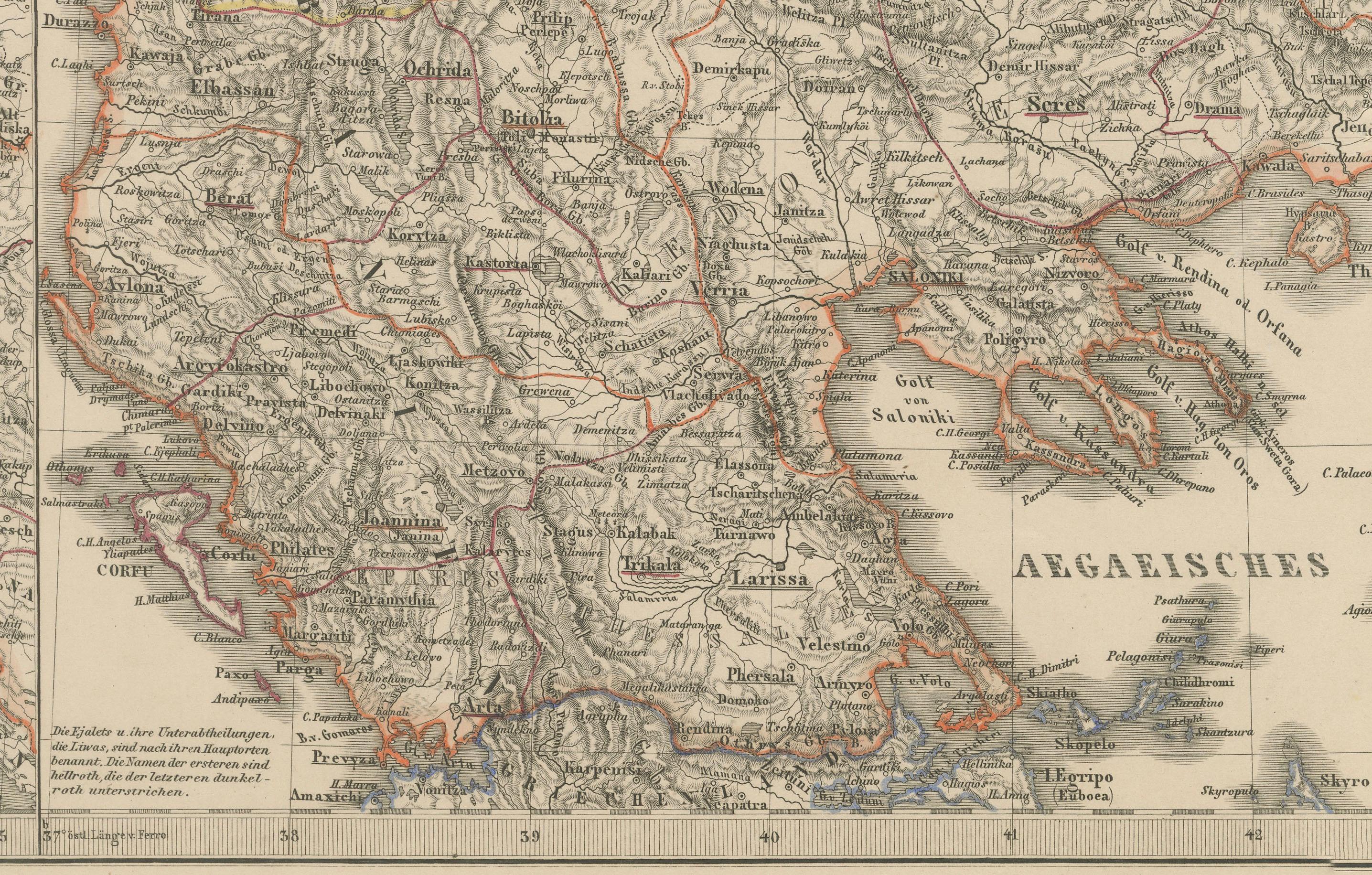 Carta Mappa della Turchia europea - Dettagliata delle province balcaniche ottomane 1858 in vendita