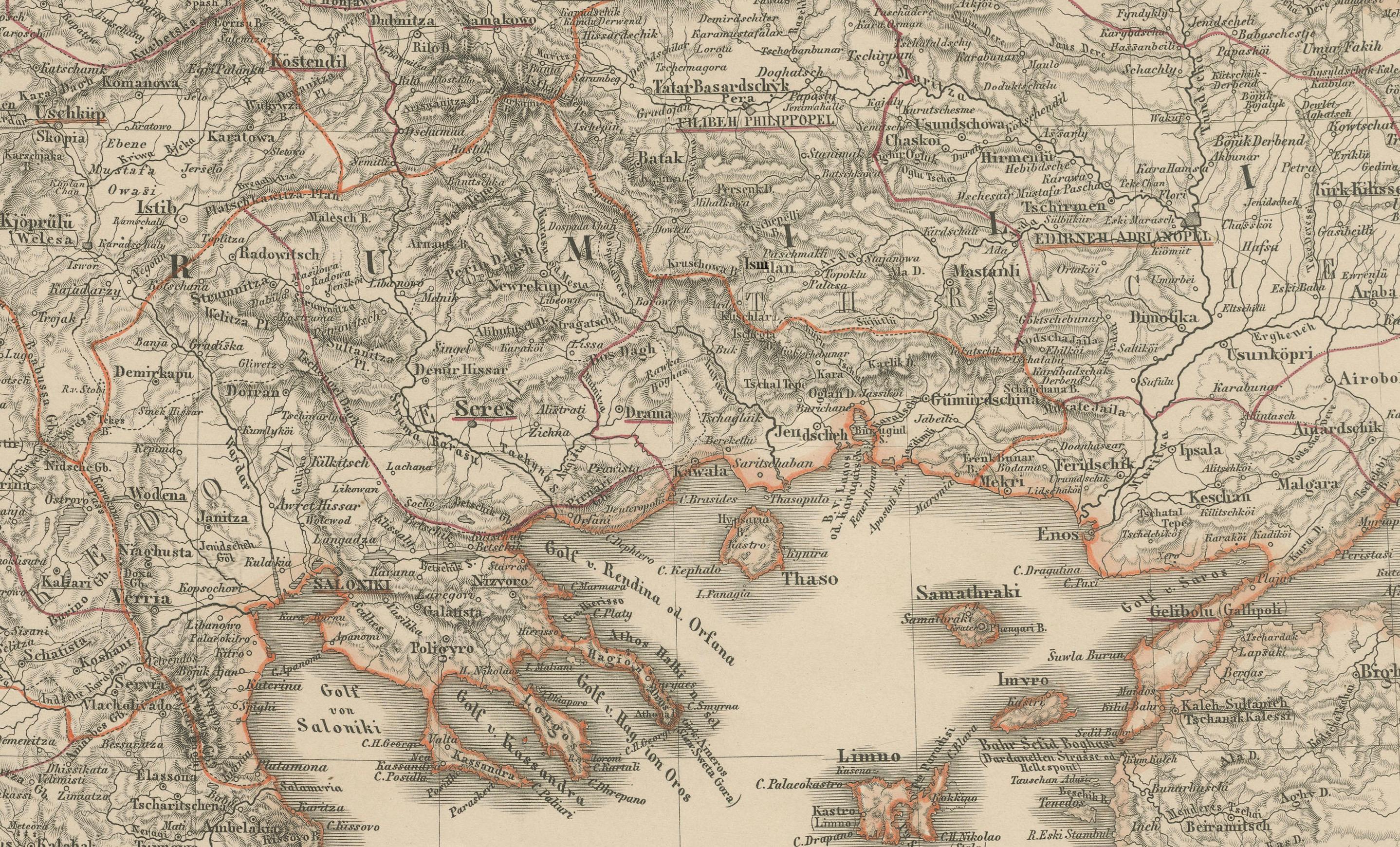 Mappa della Turchia europea - Dettagliata delle province balcaniche ottomane 1858 in vendita 1