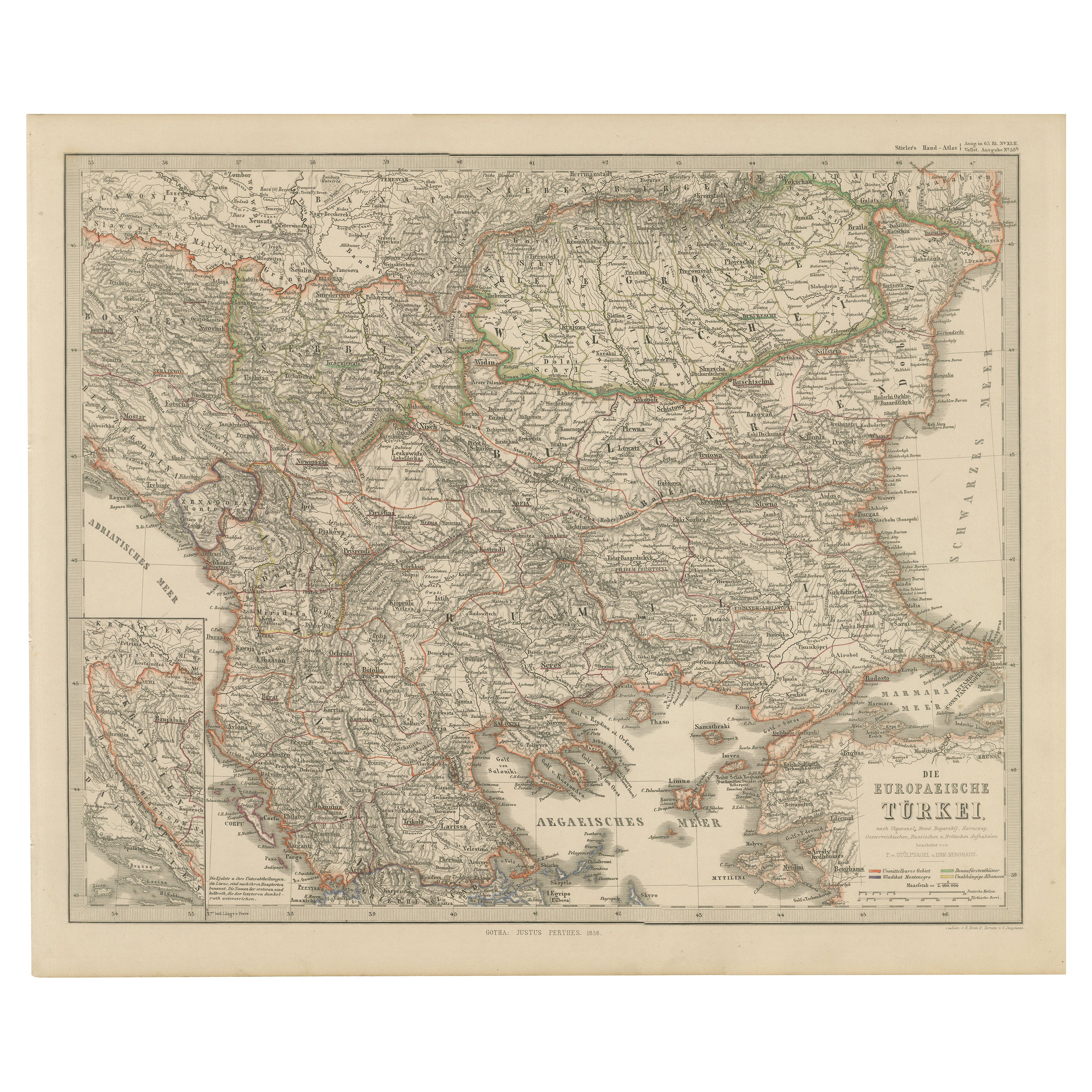 Mapa europeo de Turquía - Provincias otomanas balcánicas detalladas 1858