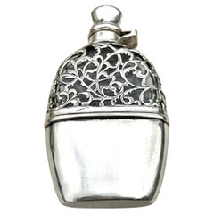 Antique European Victorian Sterling Filagree Flask with Portable Cup