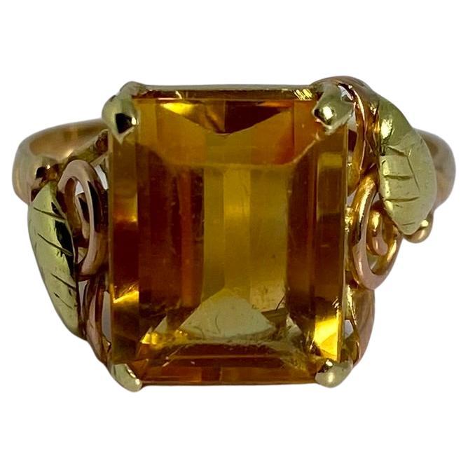 Bague solitaire européenne vintage en or jaune 14 carats avec citrine ocre facettée
