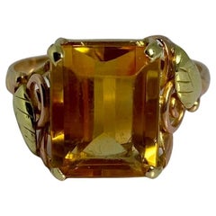Bague solitaire européenne vintage en or jaune 14 carats avec citrine ocre facettée