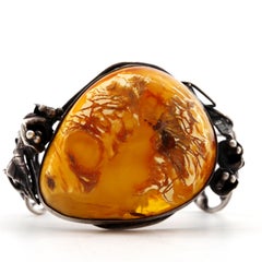 Amber Cuff in Elaborate Art Nouveau Style Silver Setting