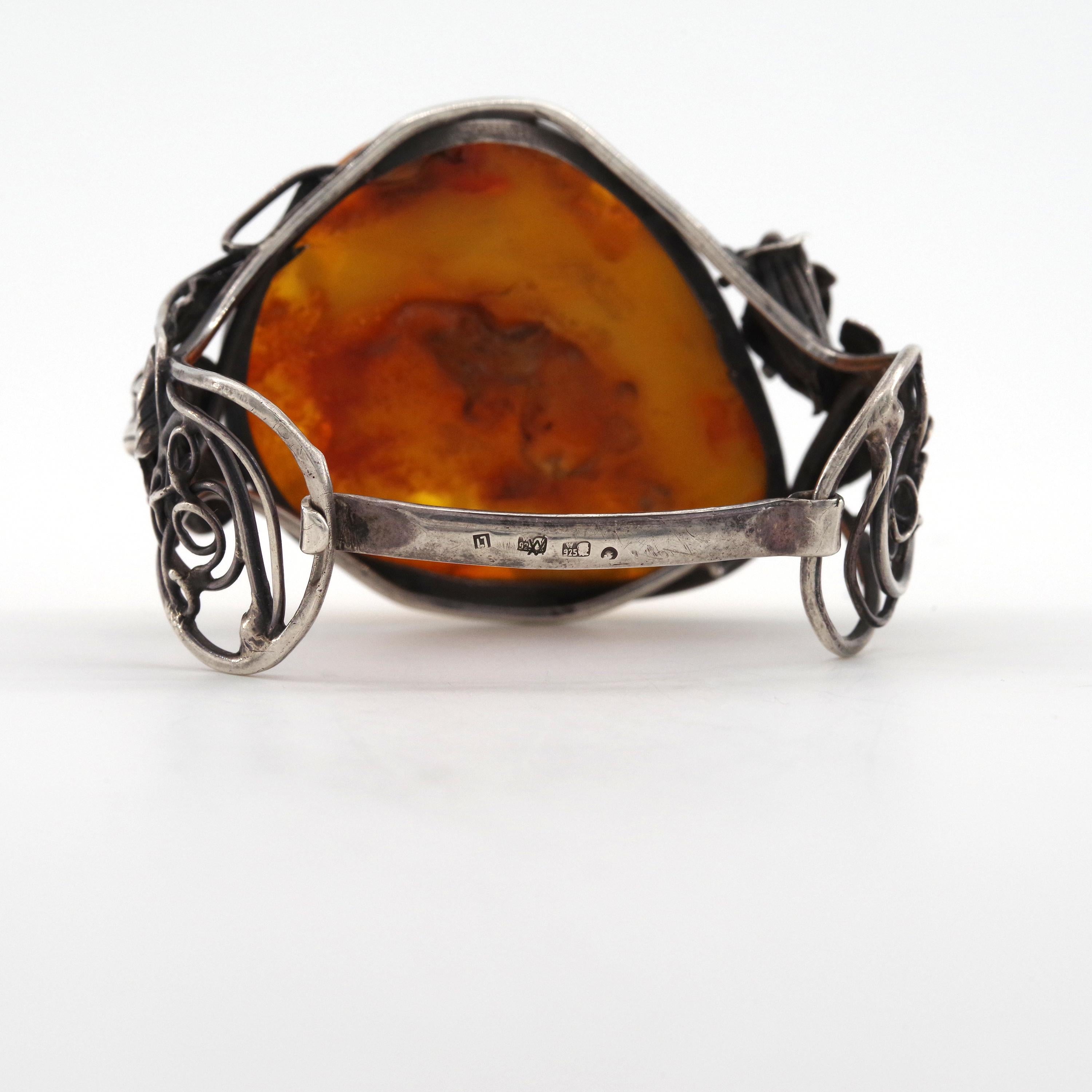 Amber Cuff in Elaborate Art Nouveau Style Silver Setting In Good Condition In Southbury, CT