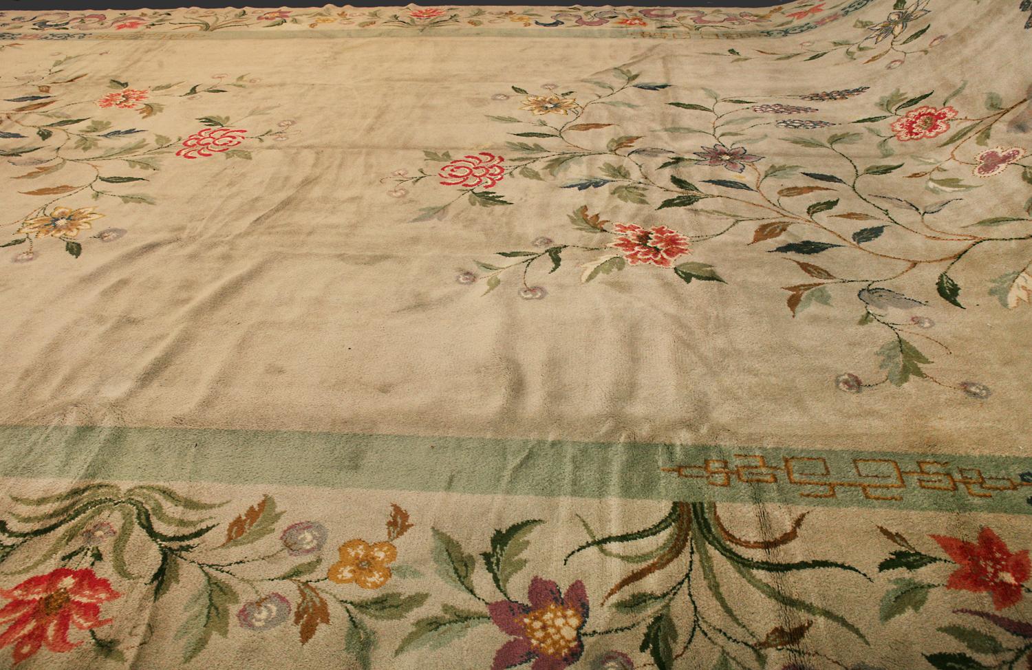 European Vintage Open Field Olive Green Wool Carpet, 1920-1950 2