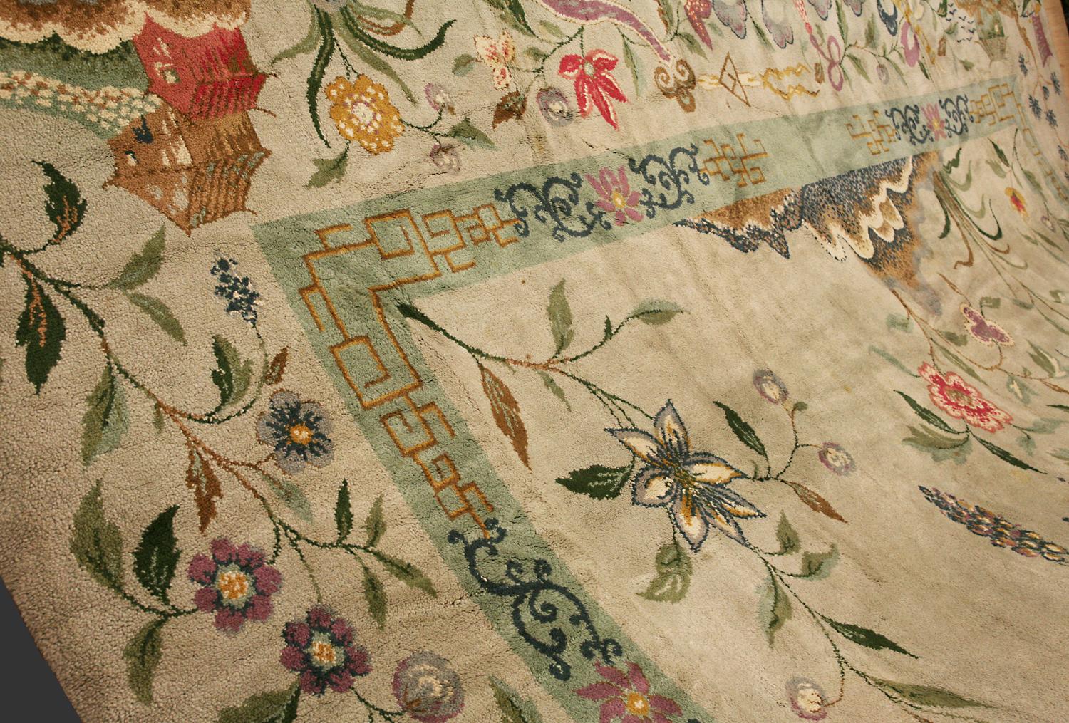 European Vintage Open Field Olive Green Wool Carpet, 1920-1950 3