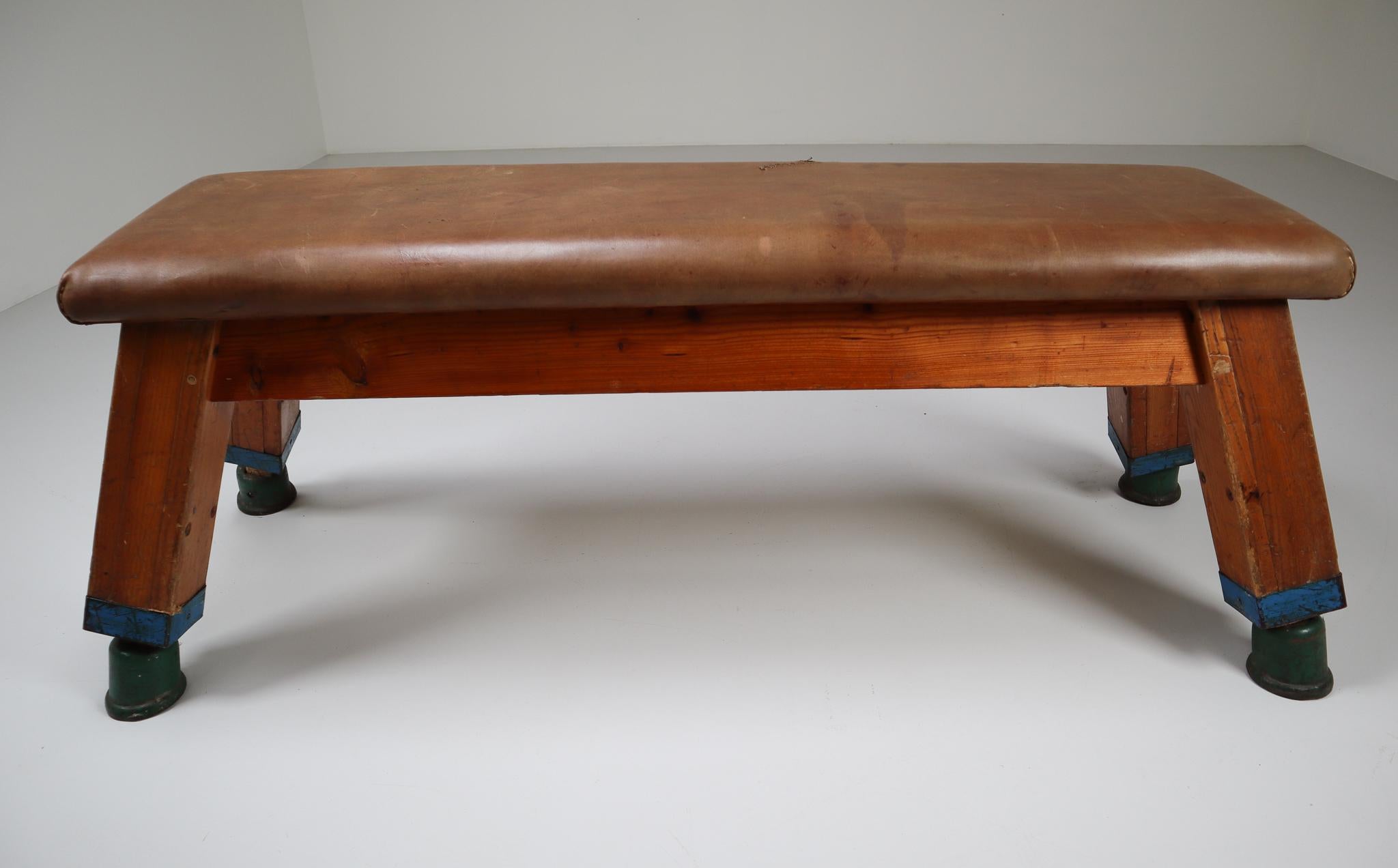 Strong, vintage European gymnasium bench with a patinated leather covered top that sits in to the bench's solid wooden frame. The gym bench frame maintains its original markings where the straps and rings were once held. Can be used as a coffee,