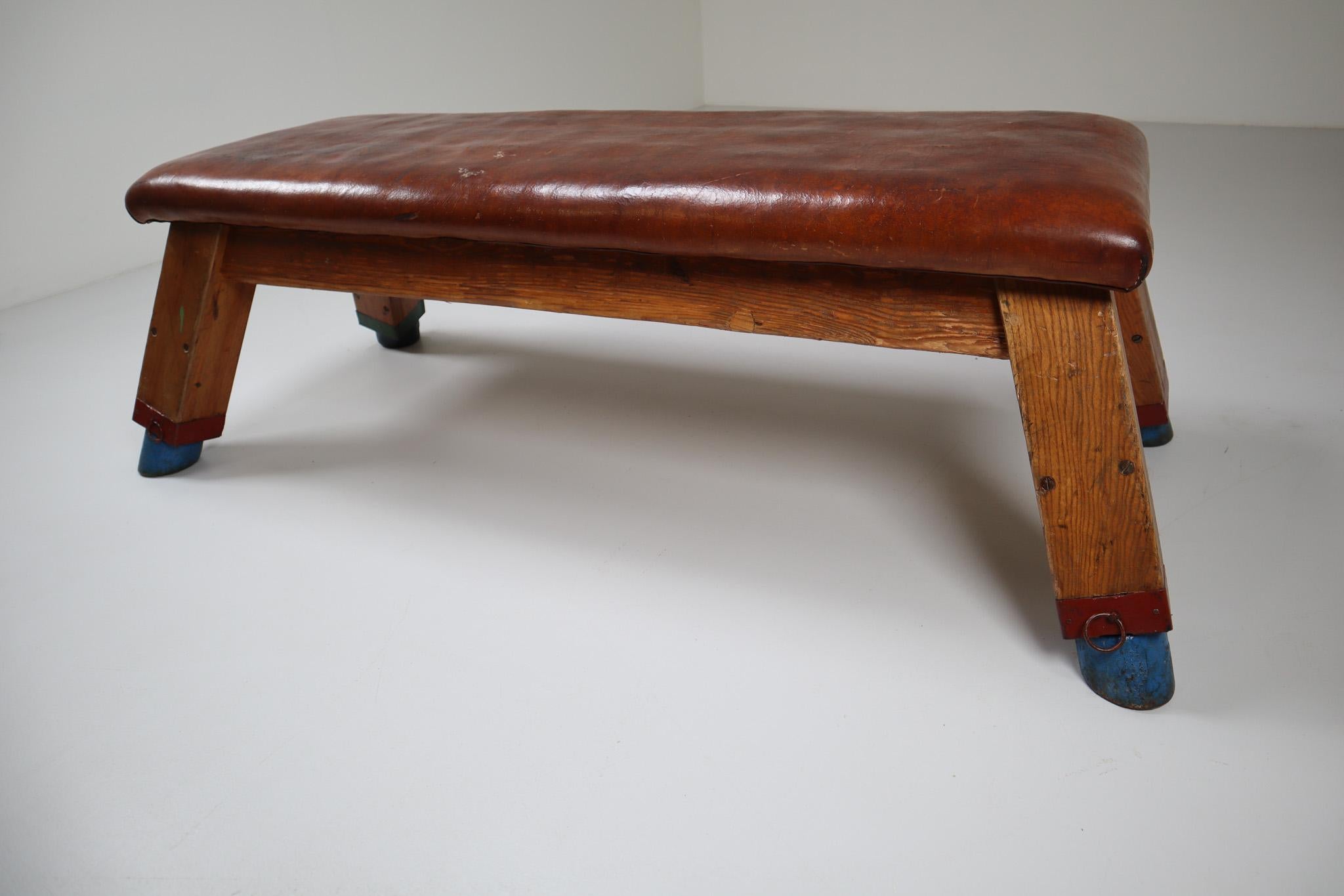 Strong, vintage European gymnasium bench with a patinated leather covered top that sits in to the bench's solid wooden frame. The gym bench frame maintains its original markings where the straps and rings were once held. Can be used as a coffee,