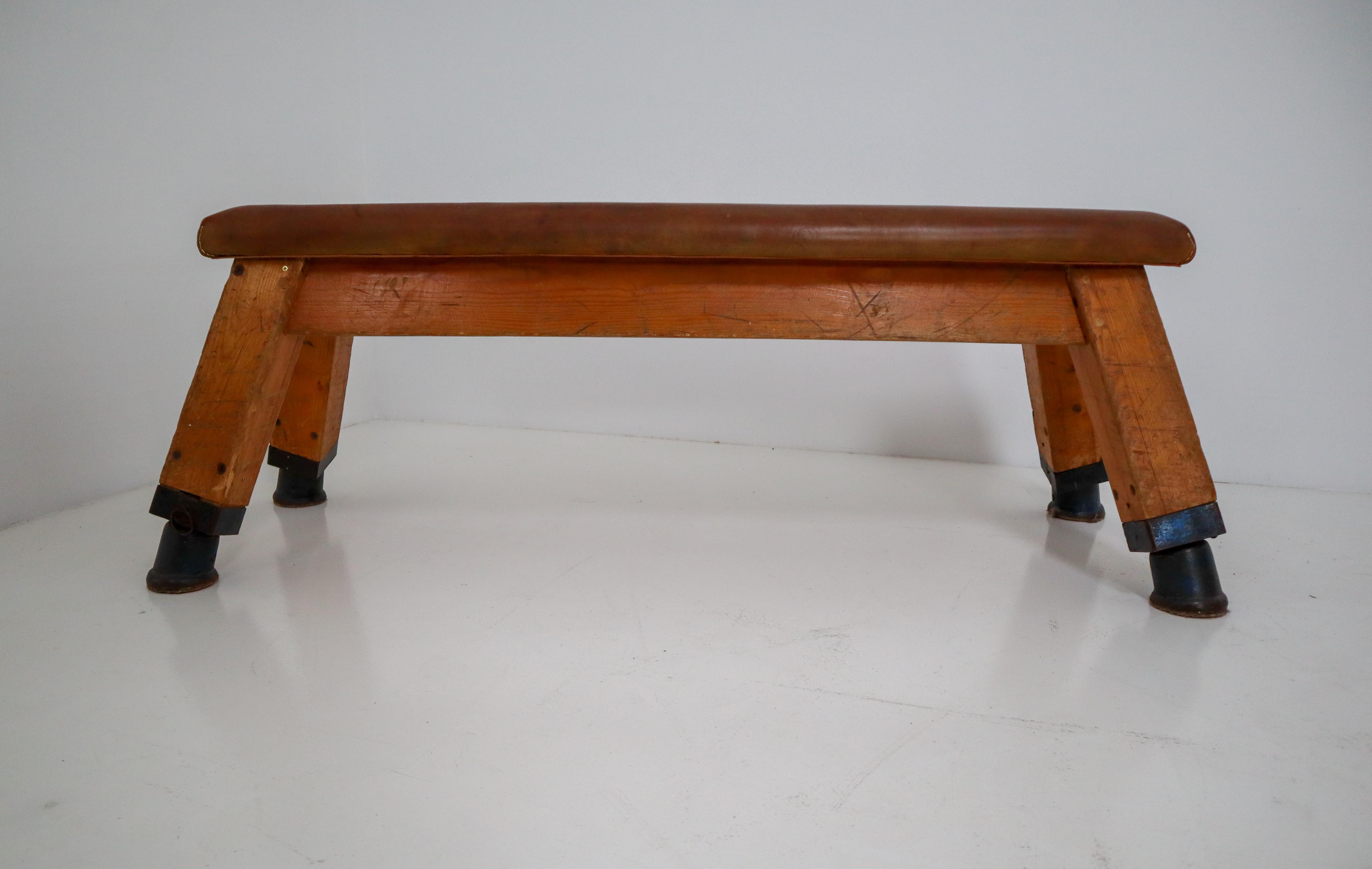 Mid-Century Modern European Vintage Patinated Leather Gym Bench or Table, circa 1950s