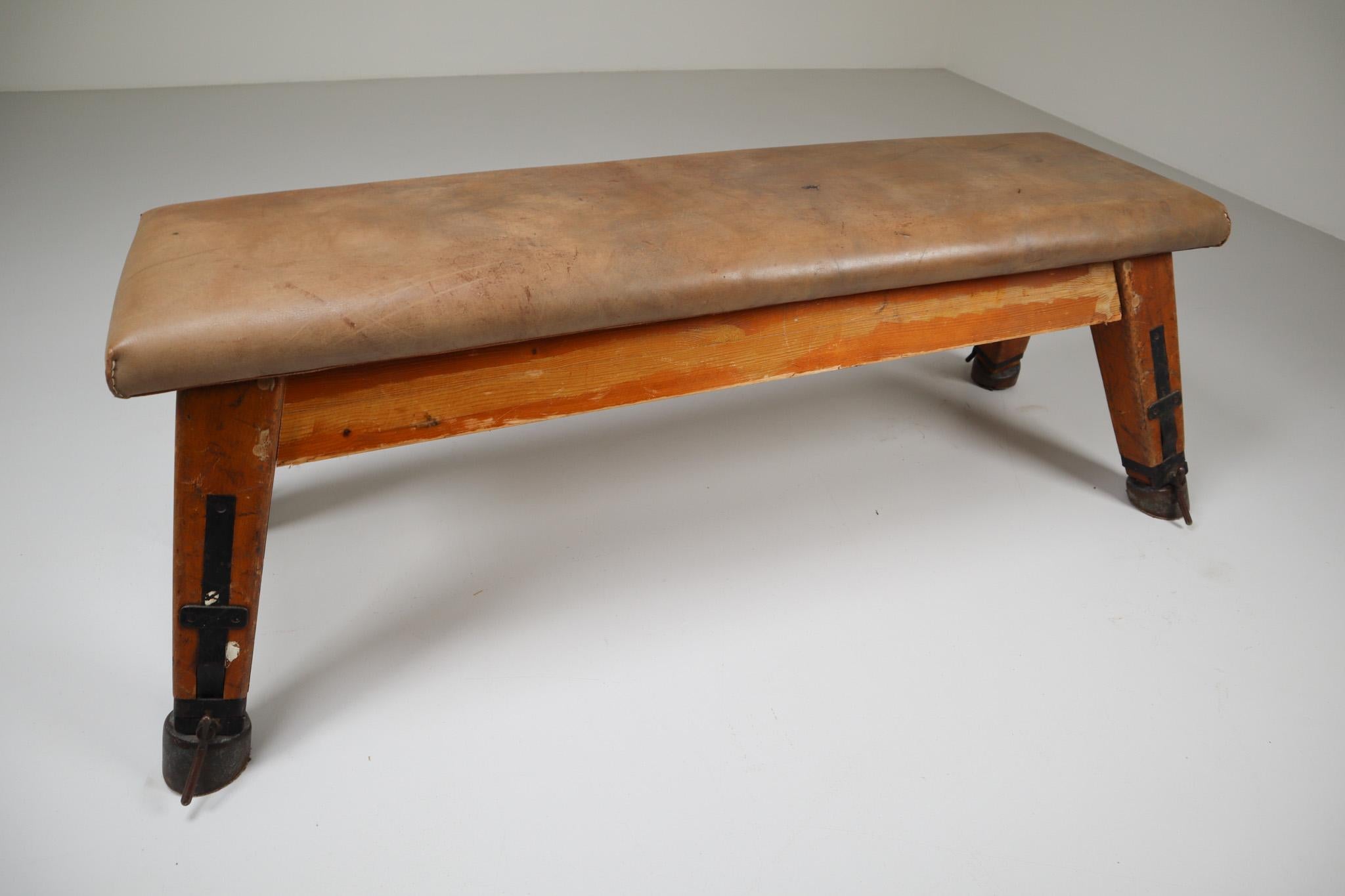 Mid-Century Modern European Vintage Patinated Leather Gym Bench or Table, circa 1950s