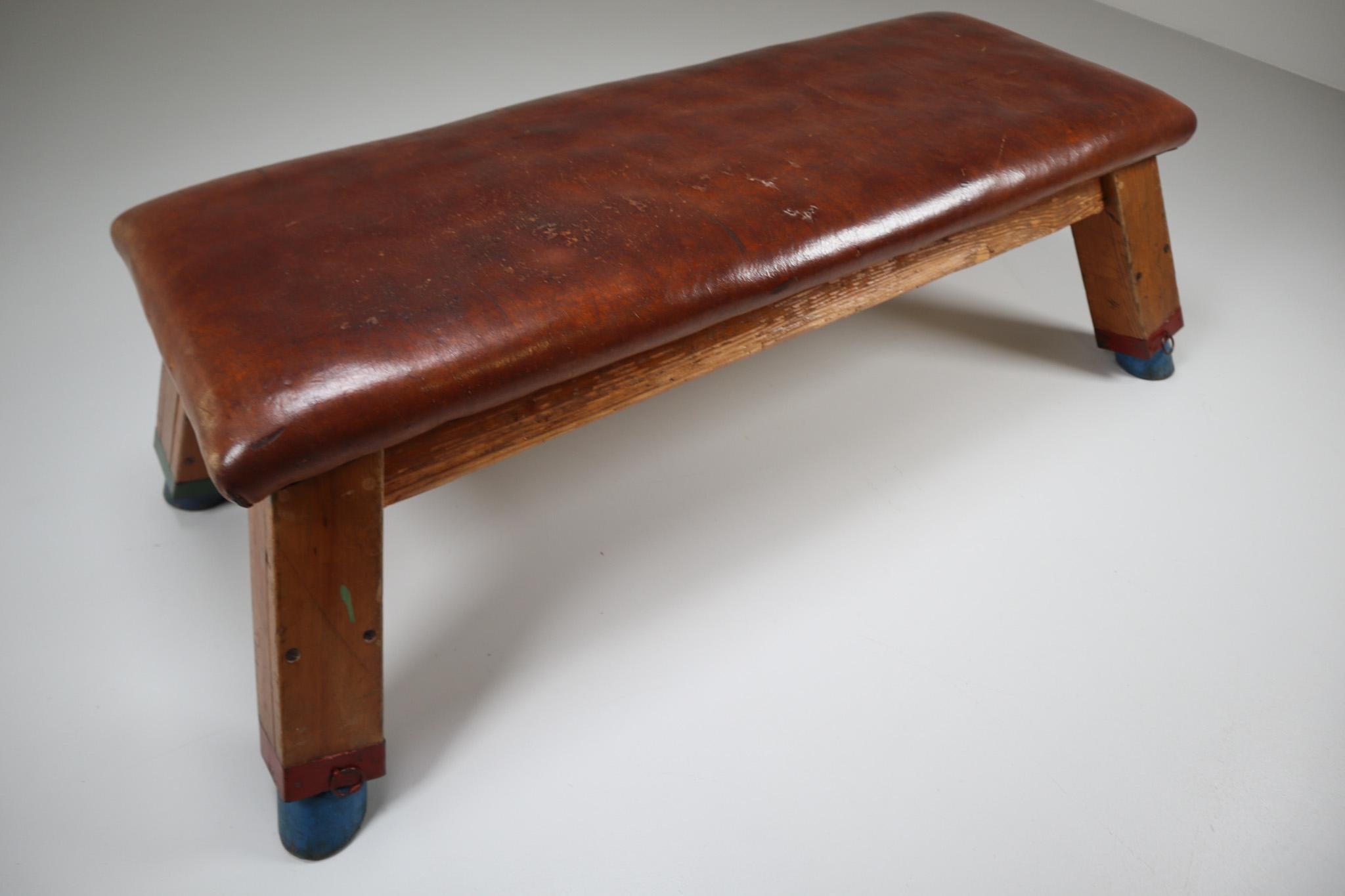 Dutch European Vintage Patinated Leather Gym Bench or Table, circa 1950s