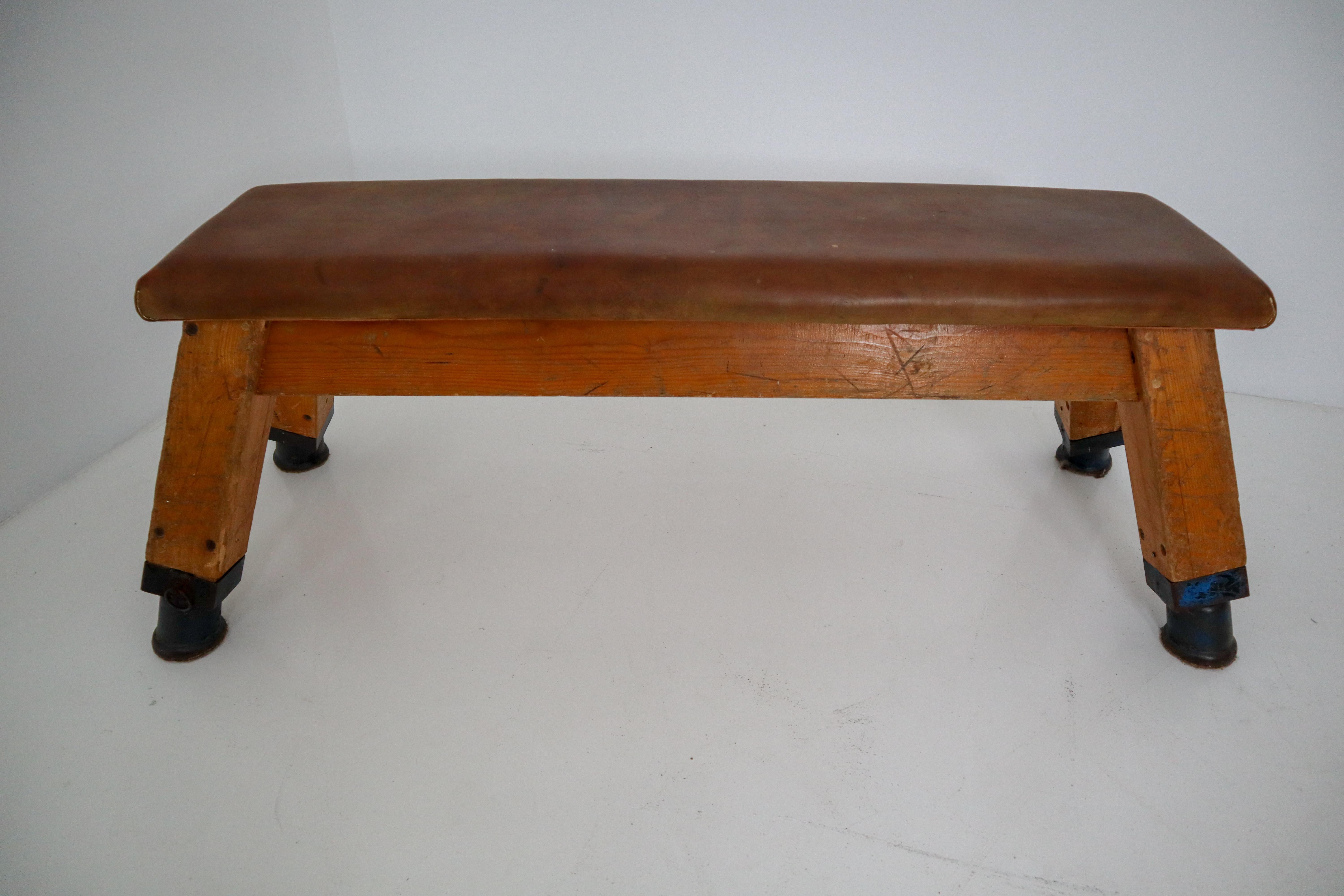 20th Century European Vintage Patinated Leather Gym Bench or Table, circa 1950s