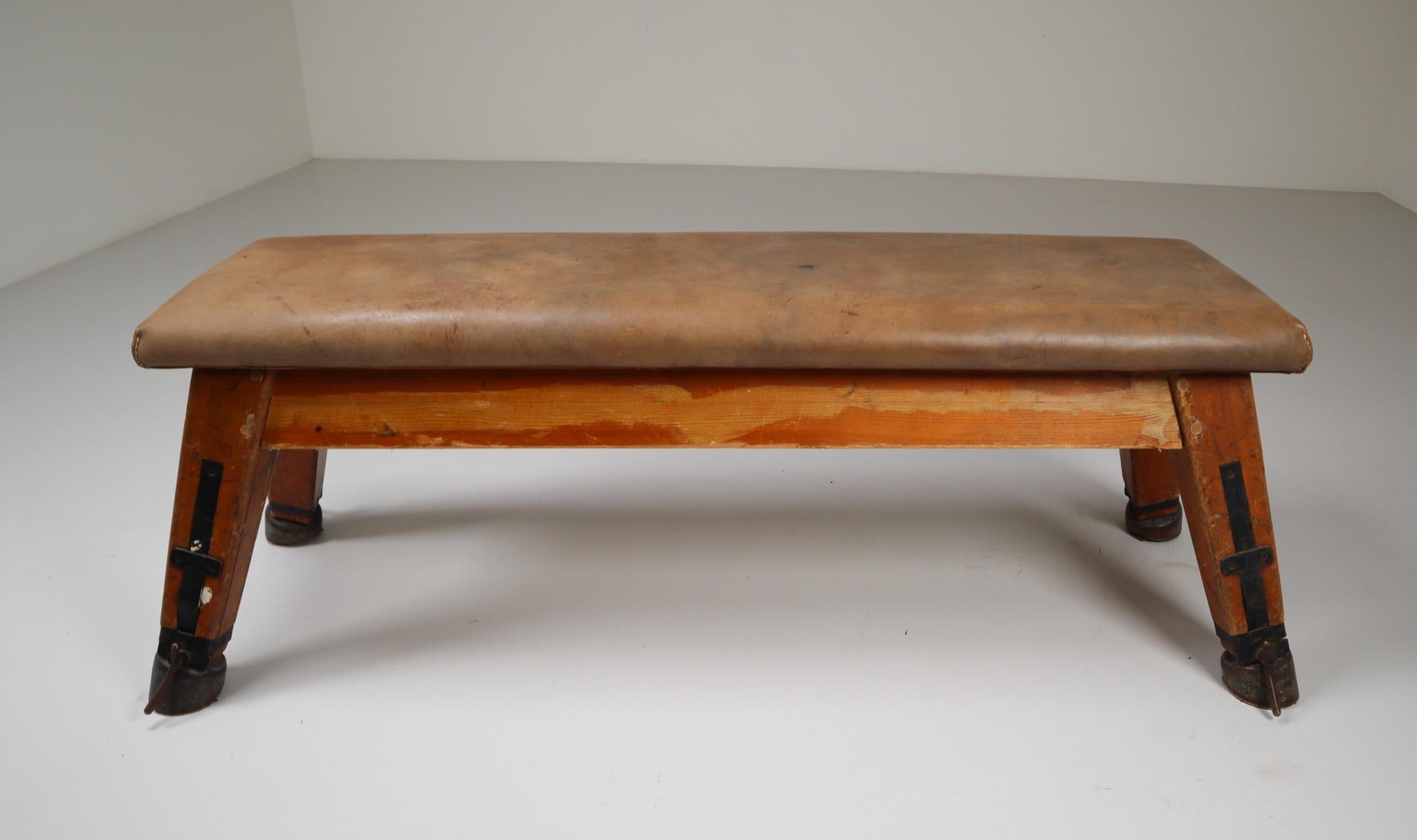20th Century European Vintage Patinated Leather Gym Bench or Table, circa 1950s