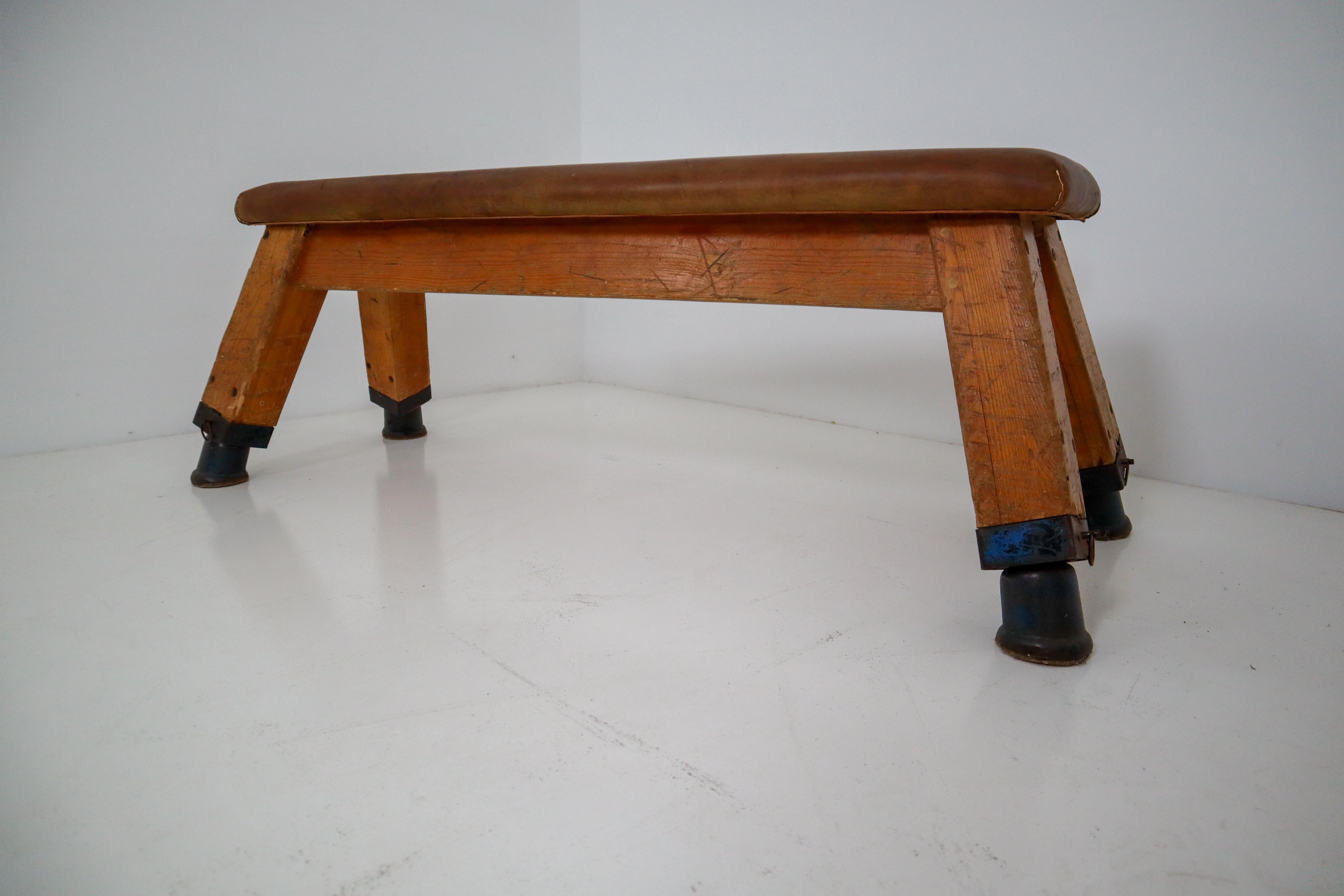 European Vintage Patinated Leather Gym Bench or Table, circa 1950s 1