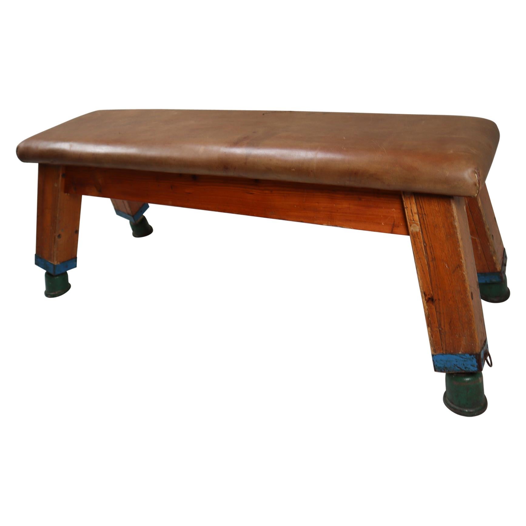 European Vintage Patinated Leather Gym Bench or Table, circa 1950s