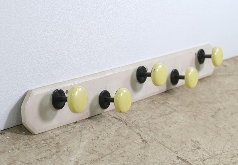 European Wall Coat Rack 5 Yellow Round Hooks Wood Backing For Sale at