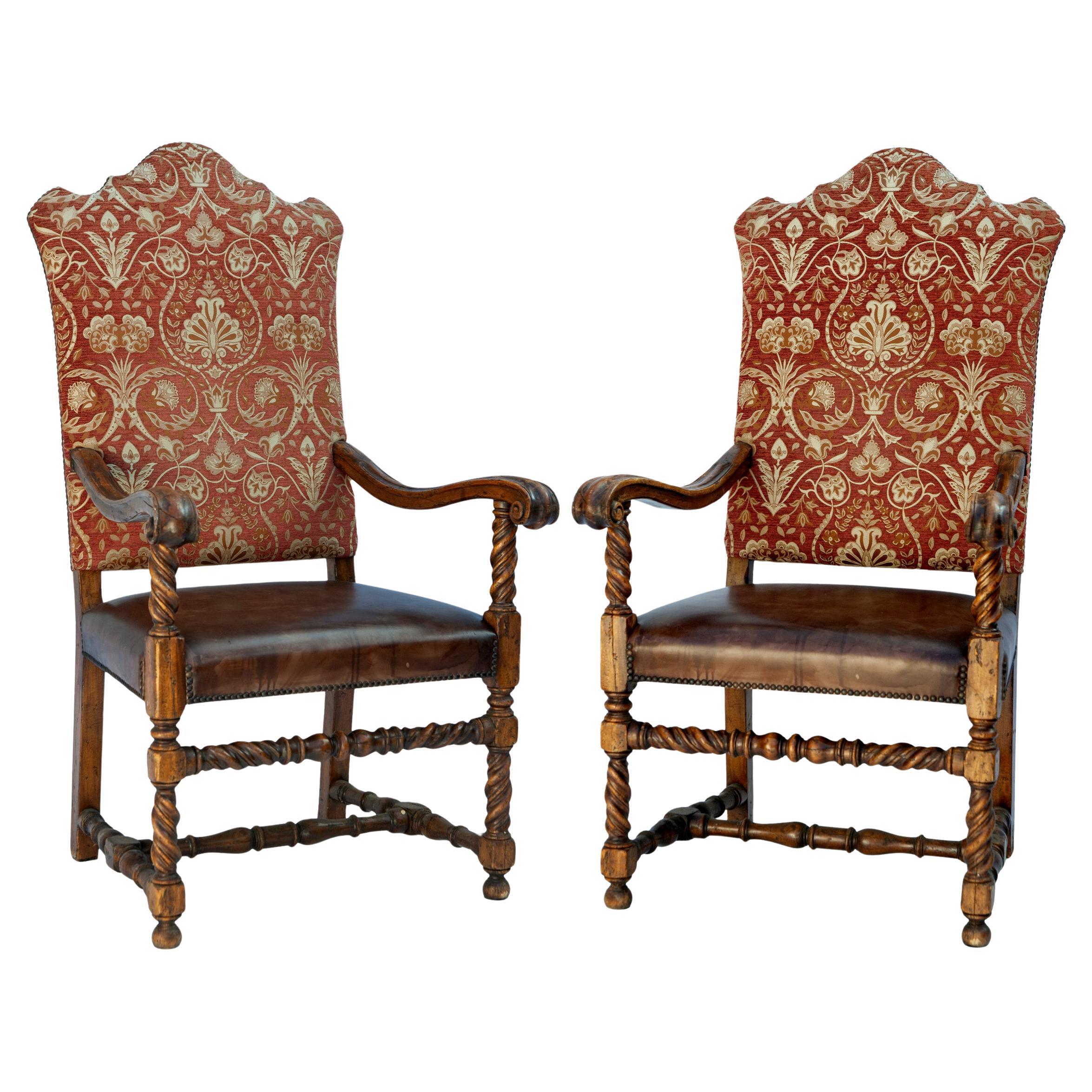 European Walnut Foyer Throne Chairs, a pair