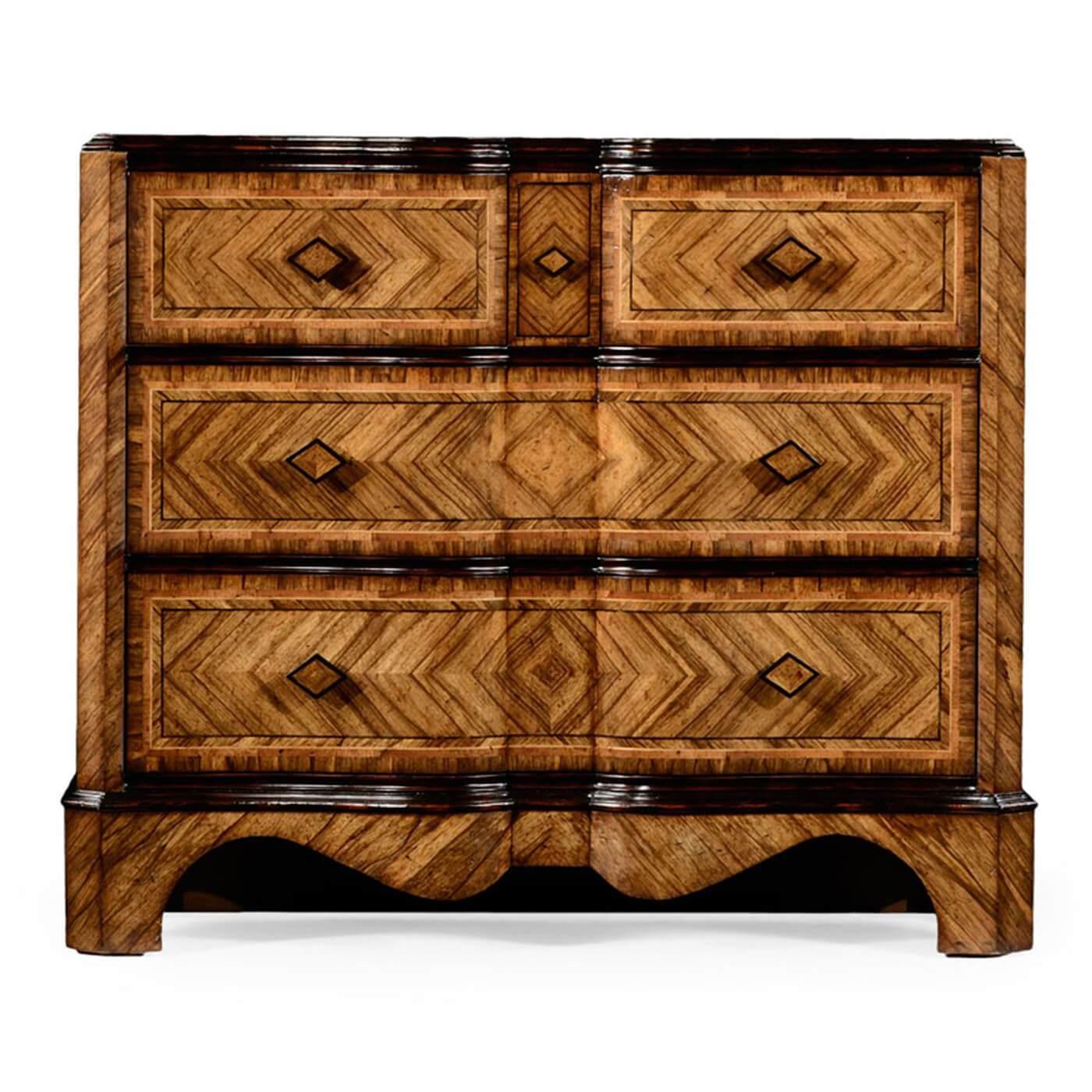 European Antique style chest of drawers with diamond forms Argentinian walnut wood veneers with six drawers. The top three above two lower long drawers.

Dimensions: 42