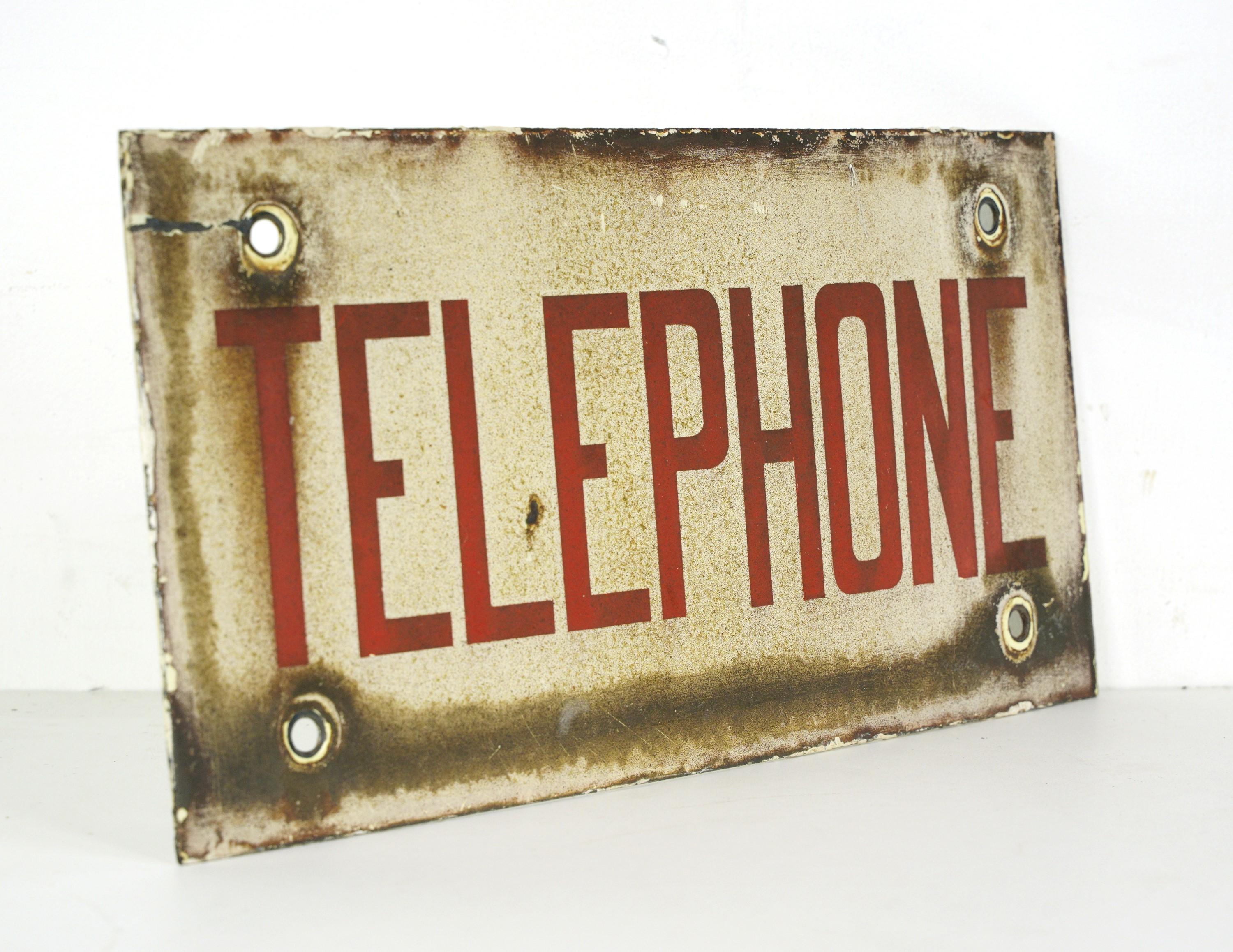 20th Century European White & Red Enamel Steel Telephone Sign For Sale