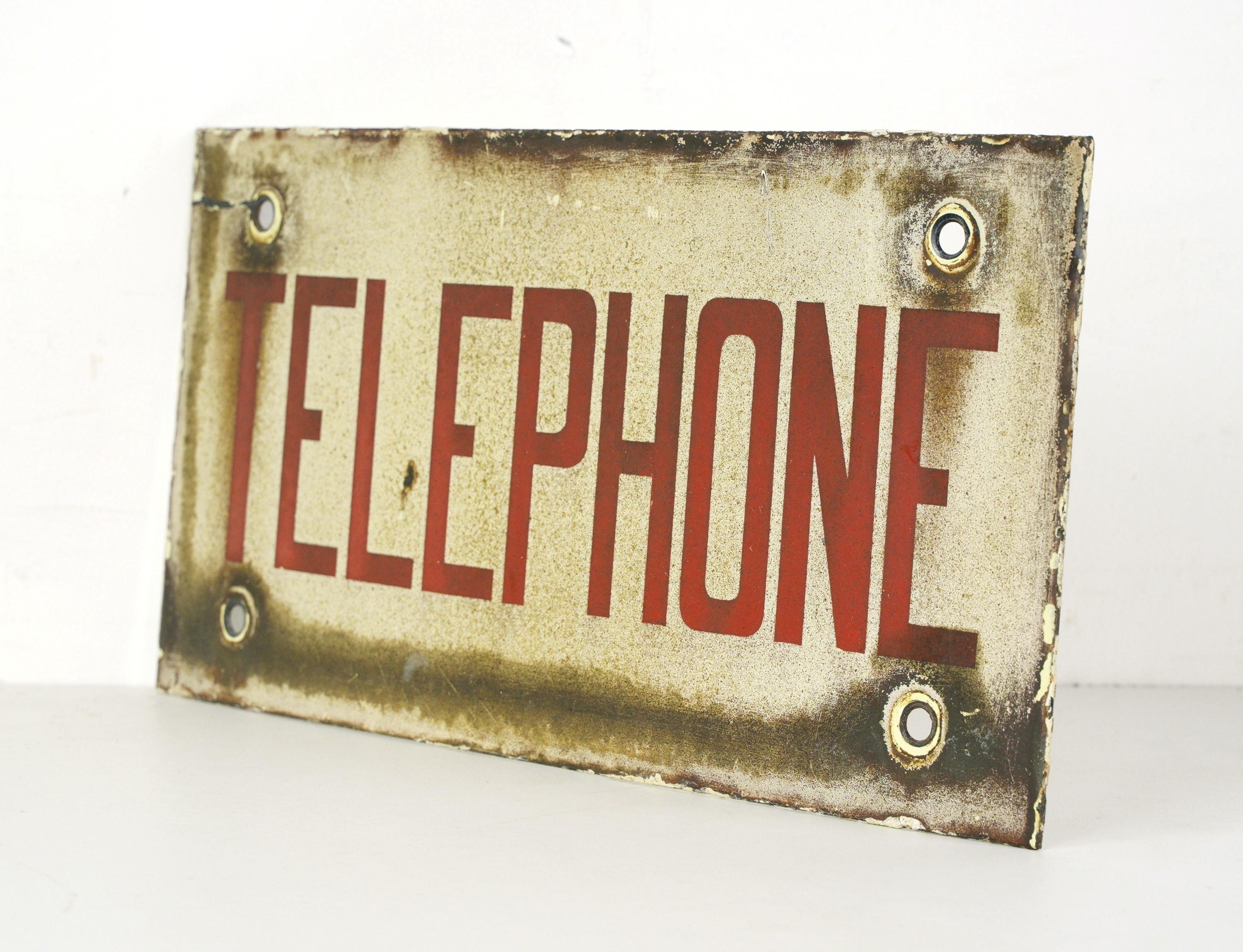 European White & Red Enamel Steel Telephone Sign For Sale 1