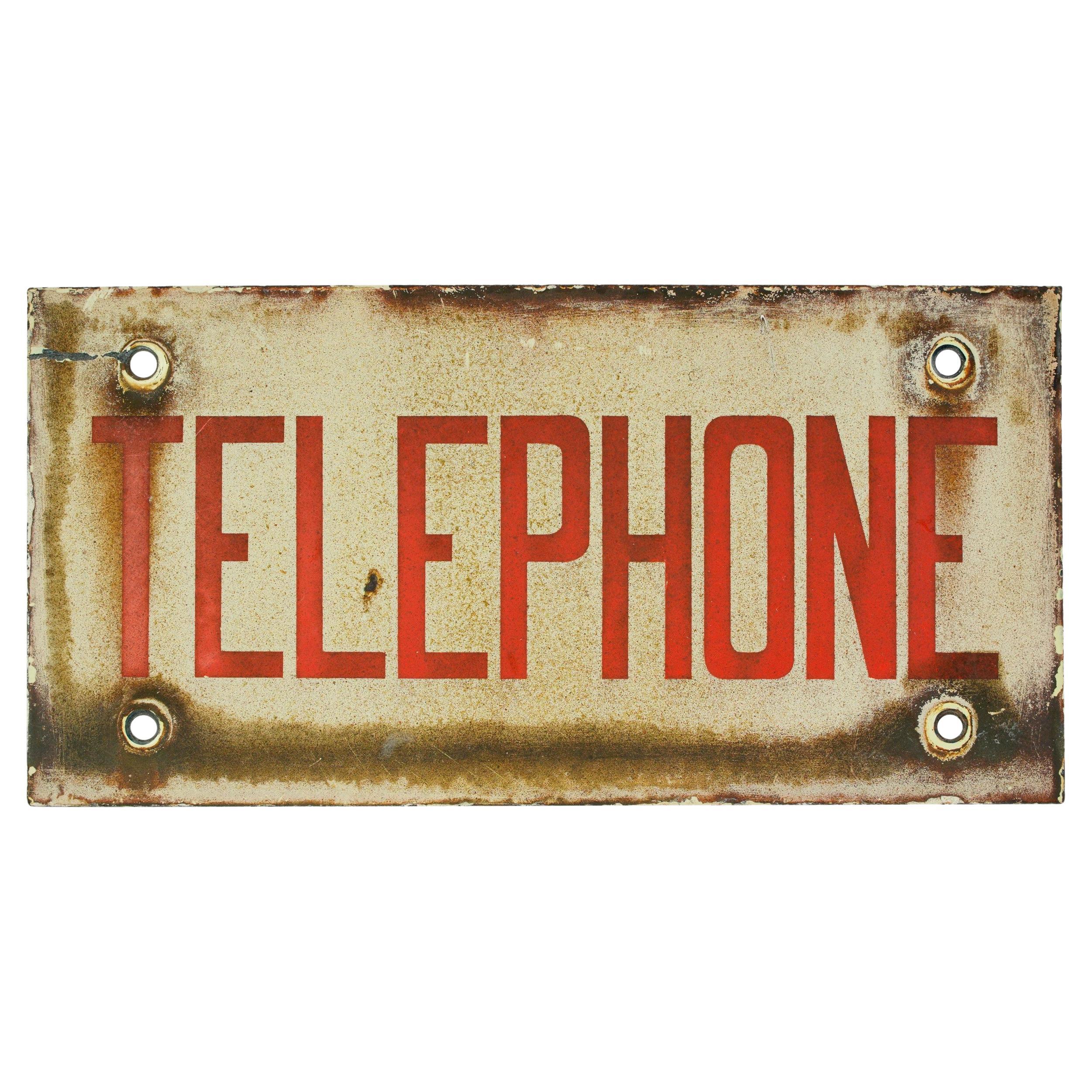 European White & Red Enamel Steel Telephone Sign For Sale