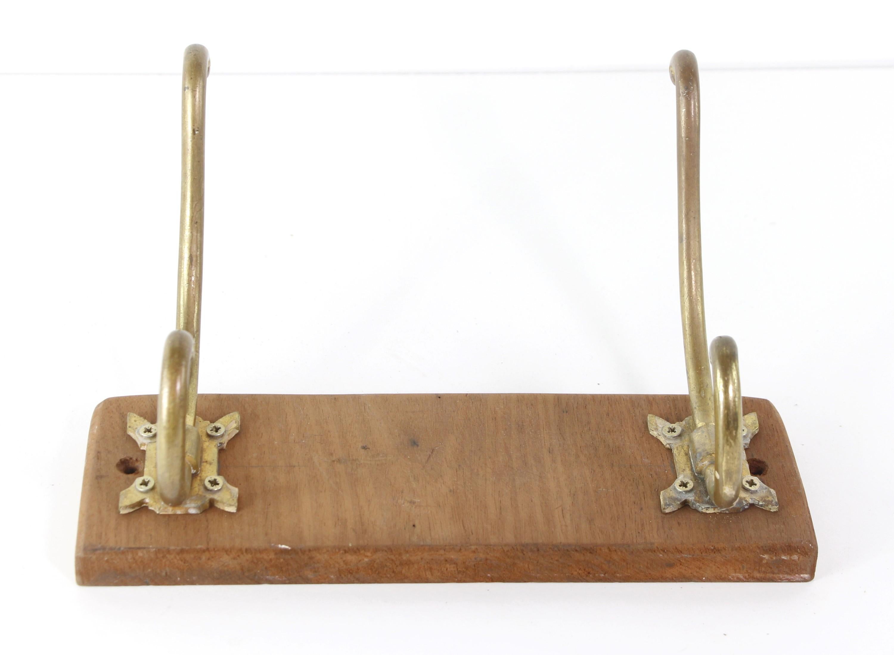 European Wood + Brass Wall Hat Coat Rack Two Hooks In Good Condition For Sale In New York, NY