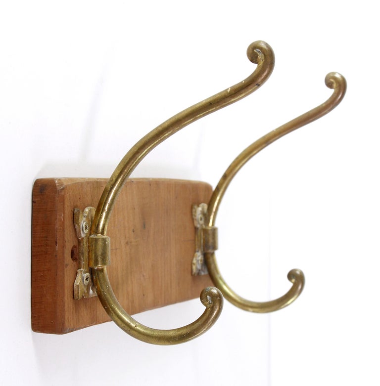 European Wood + Brass Wall Rack W Two Hooks Hat Coat For Sale at 1stDibs