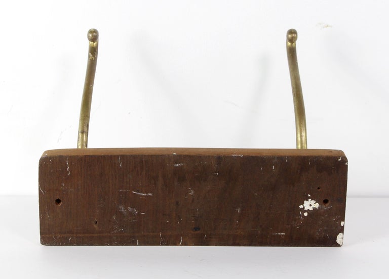 European Wood + Brass Wall Rack W Two Hooks Hat Coat For Sale at 1stDibs
