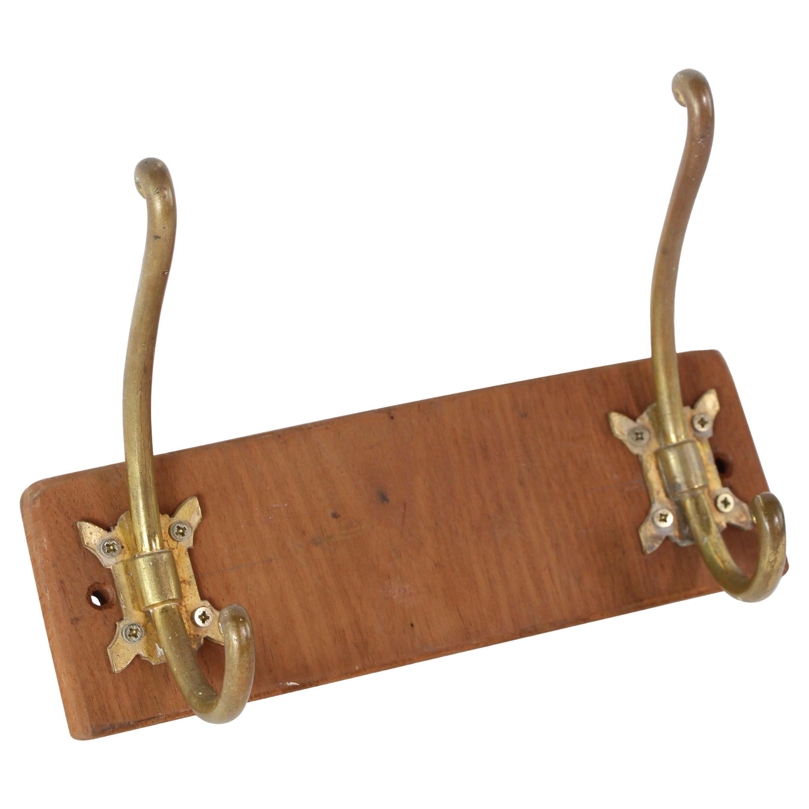 European Wood + Brass Wall Hat Coat Rack Two Hooks For Sale