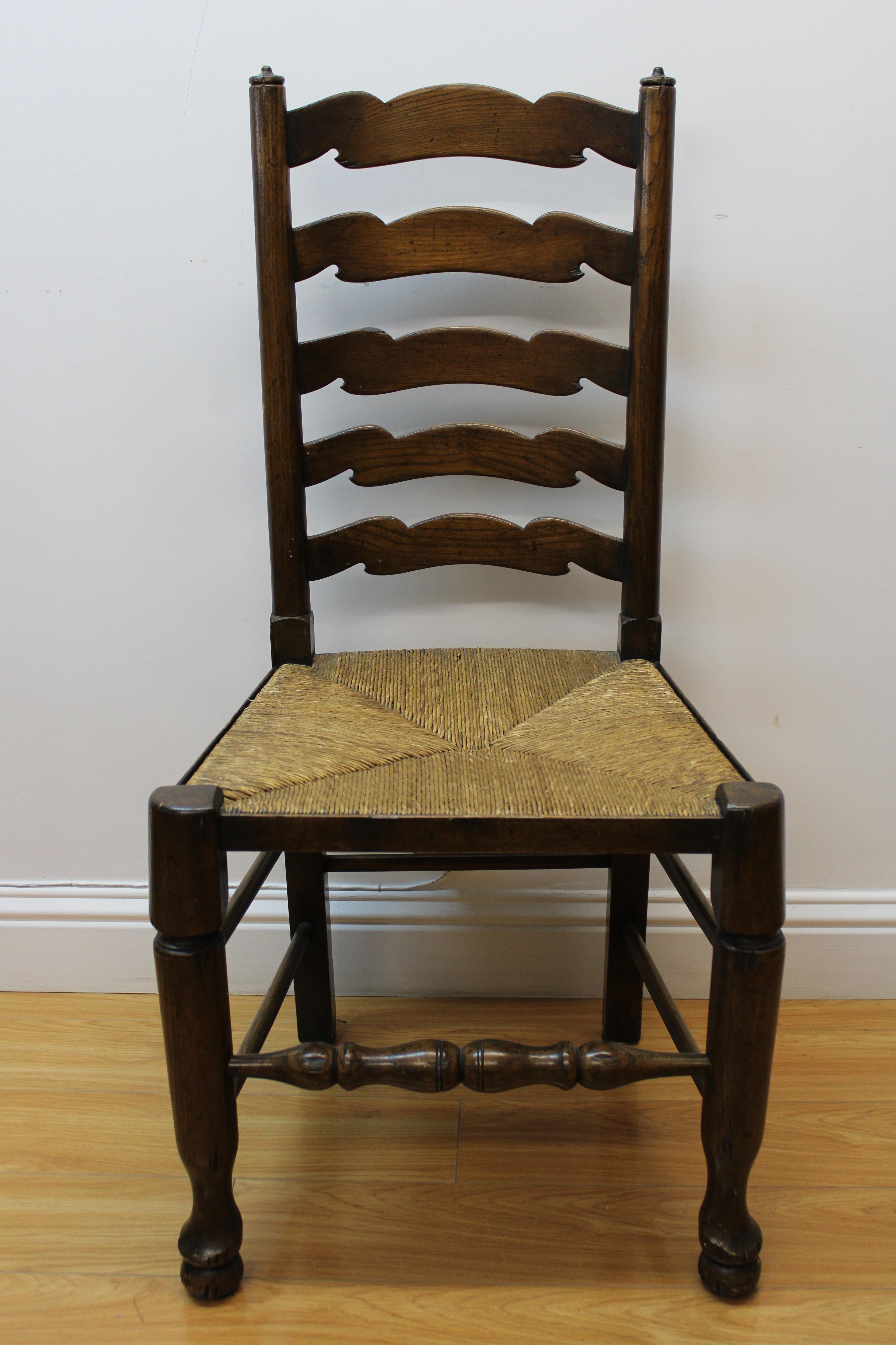 C. 19th Century

Set of 4 European wood ladderback chairs w/ woven seats 

1 of the Seats has Minor Bottom side Damage but you can still use the Chair & Sit.