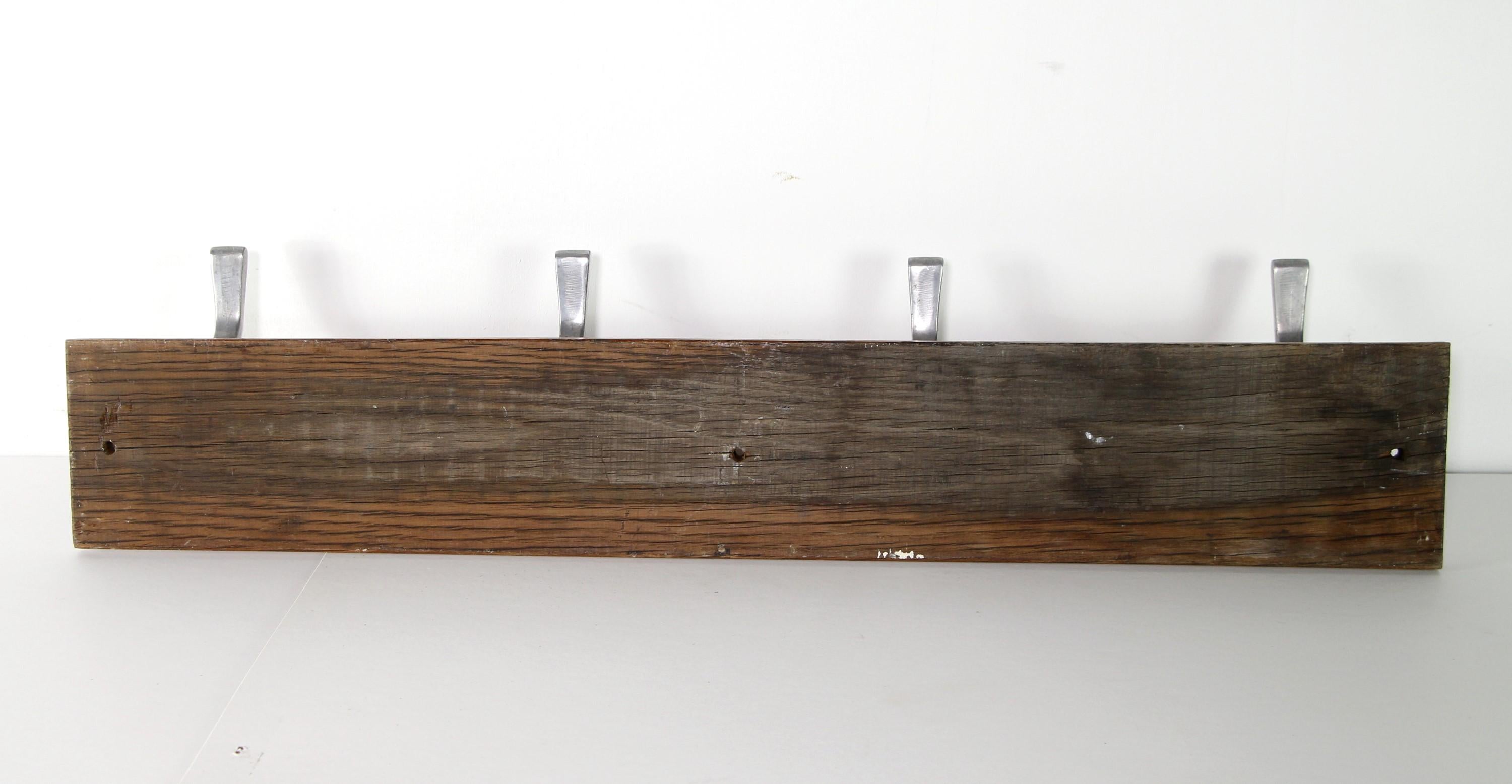 European Wood Wall Rack W/ 4 Aluminum Hooks, Mid-Century Modern 2