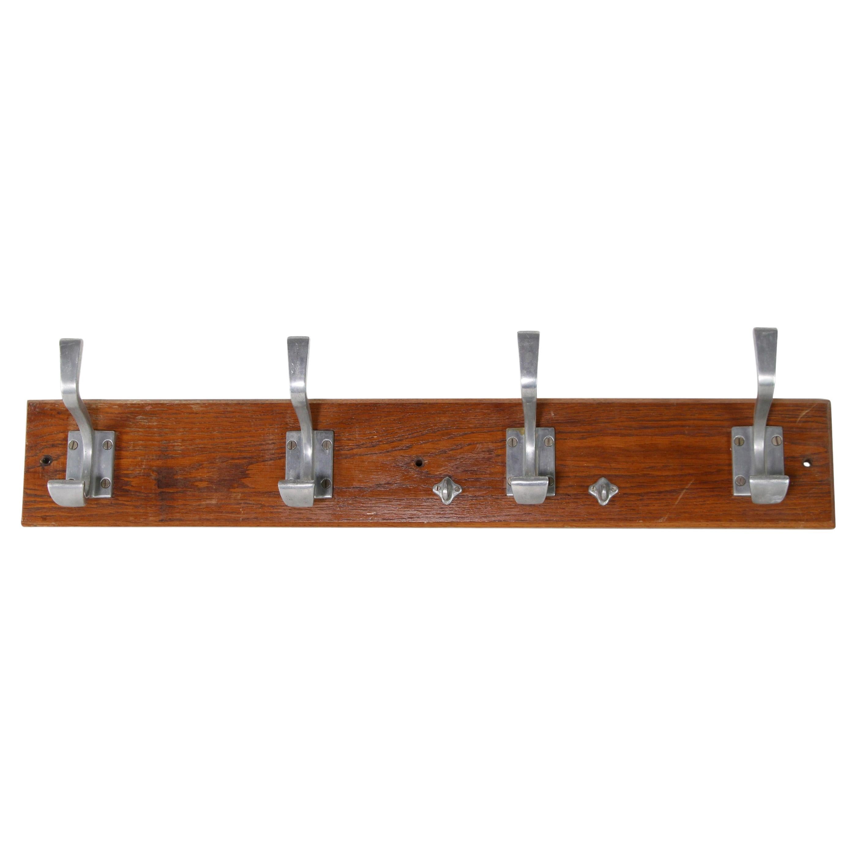 European Wood Wall Rack W/ 4 Aluminum Hooks, Mid-Century Modern