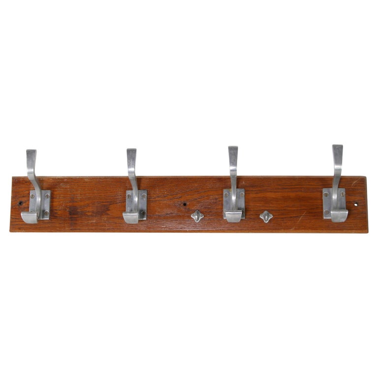 European Moint Rack European Wood Wall Rack W/ 4 Aluminum Hooks, Mid-Century Modern For ...
