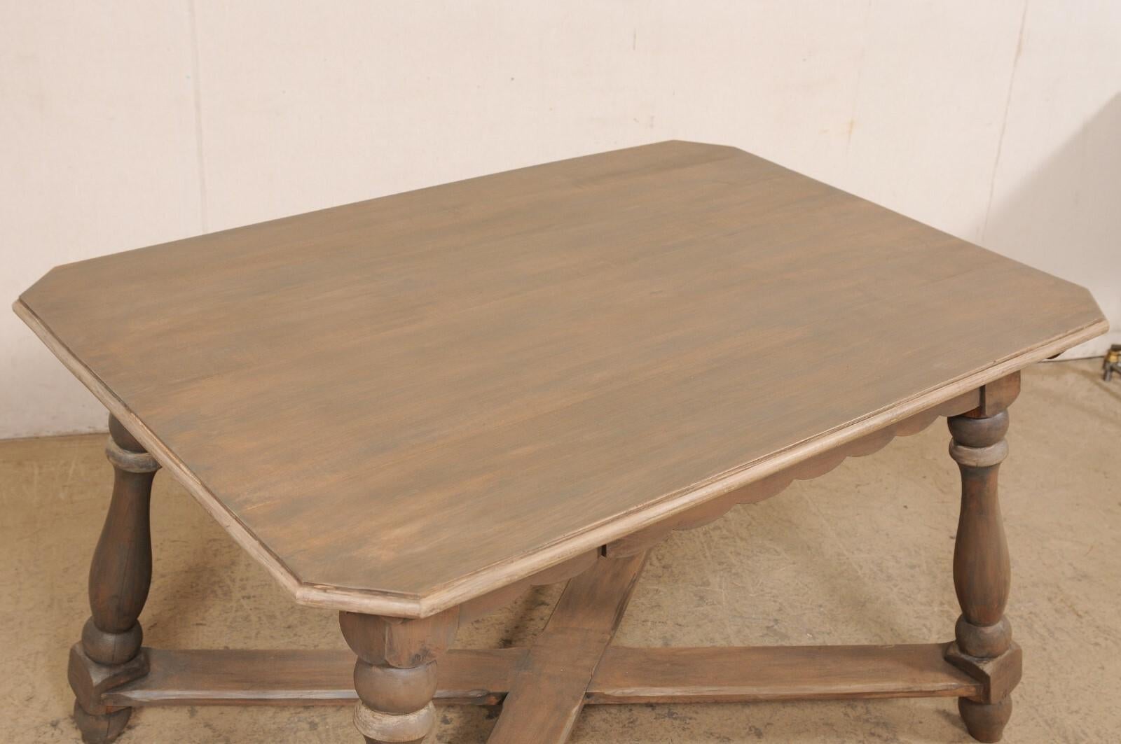 European Wooden Table w/Scalloped Apron, Nicely Turned Legs & X-Stretcher For Sale 6