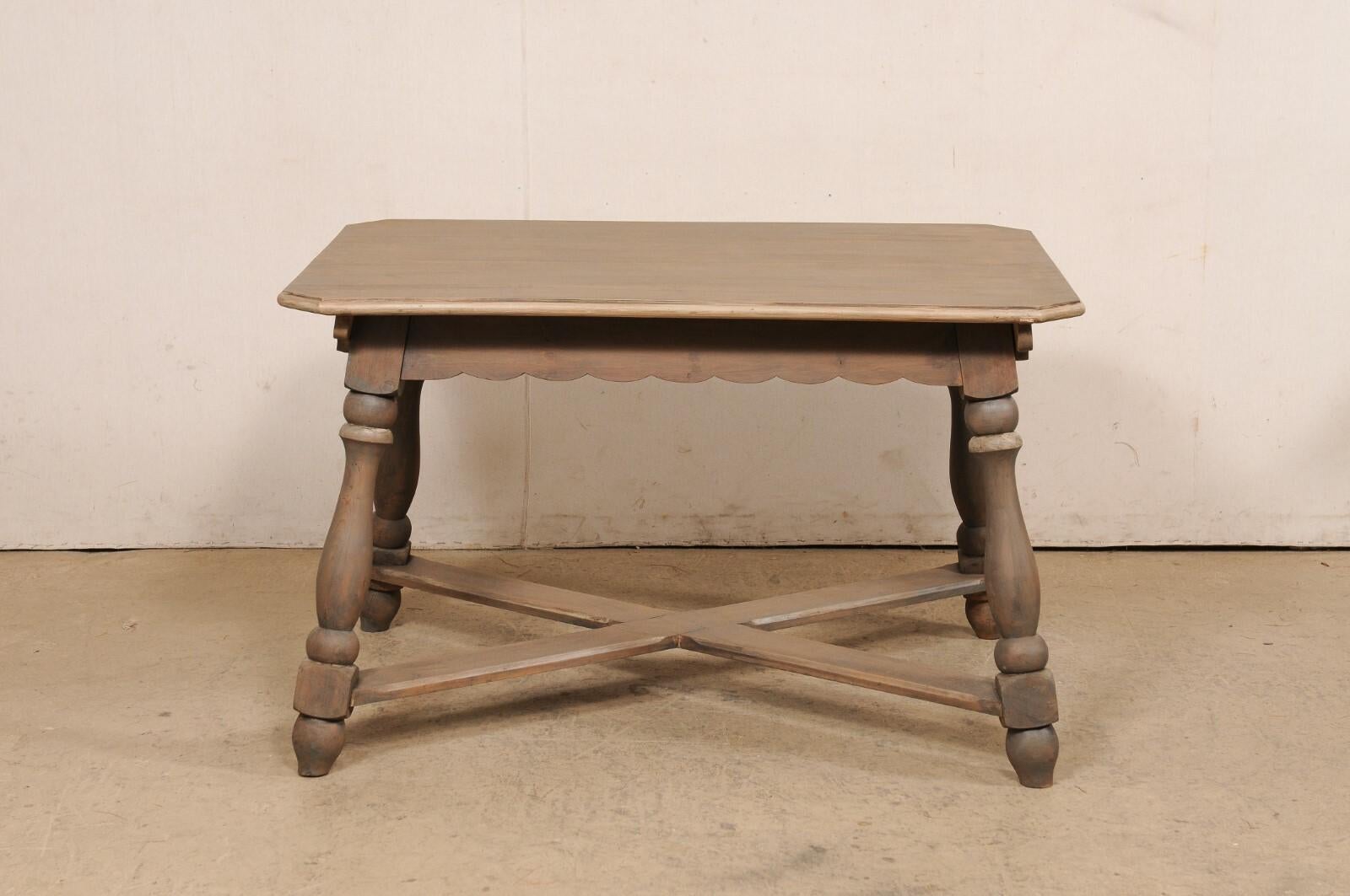 European Wooden Table w/Scalloped Apron, Nicely Turned Legs & X-Stretcher For Sale 7