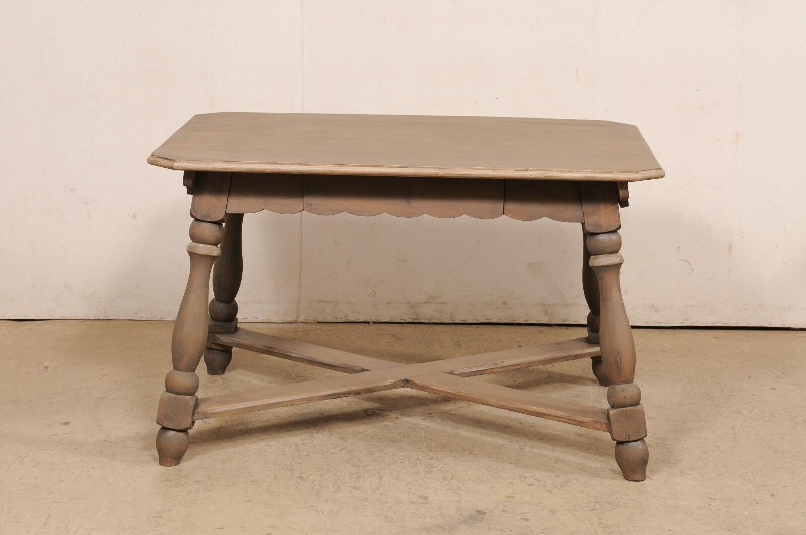 20th Century European Wooden Table w/Scalloped Apron, Nicely Turned Legs & X-Stretcher For Sale