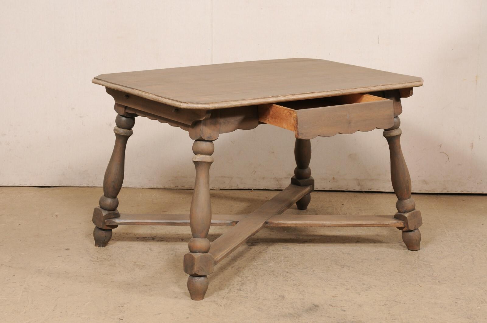 European Wooden Table w/Scalloped Apron, Nicely Turned Legs & X-Stretcher For Sale 1