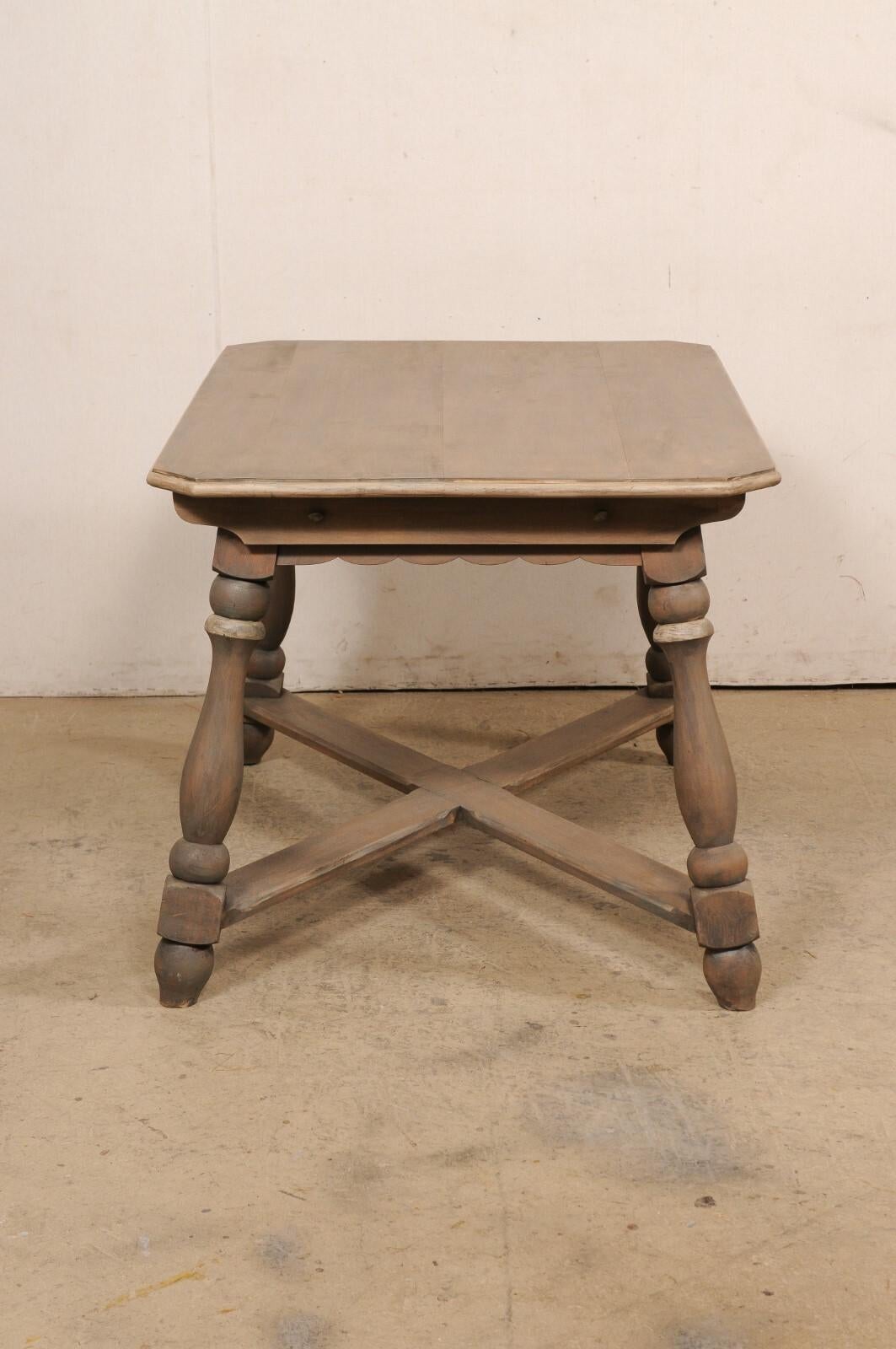 European Wooden Table w/Scalloped Apron, Nicely Turned Legs & X-Stretcher For Sale 3