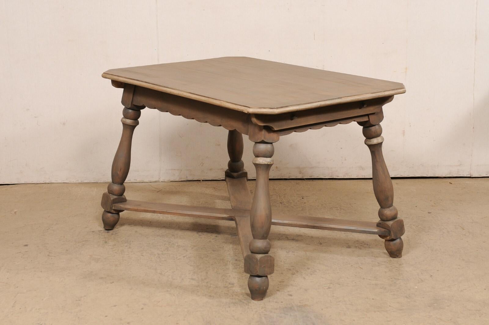 European Wooden Table w/Scalloped Apron, Nicely Turned Legs & X-Stretcher For Sale 4
