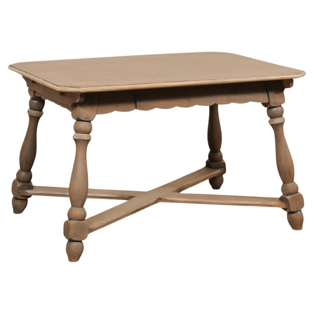 European Wooden Table w/Scalloped Apron, Nicely Turned Legs & X-Stretcher For Sale