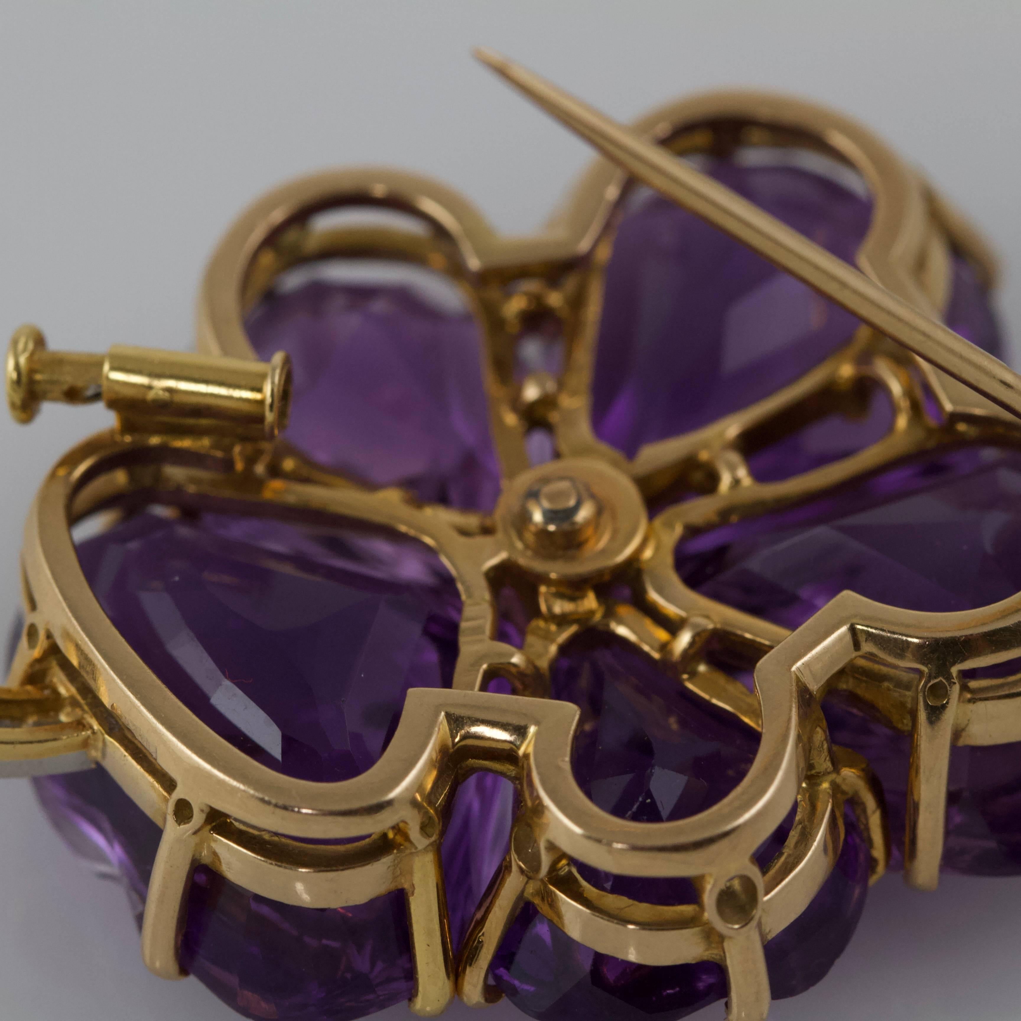 European Yellow Gold Amethyst and Diamond Pansy Brooch For Sale 5