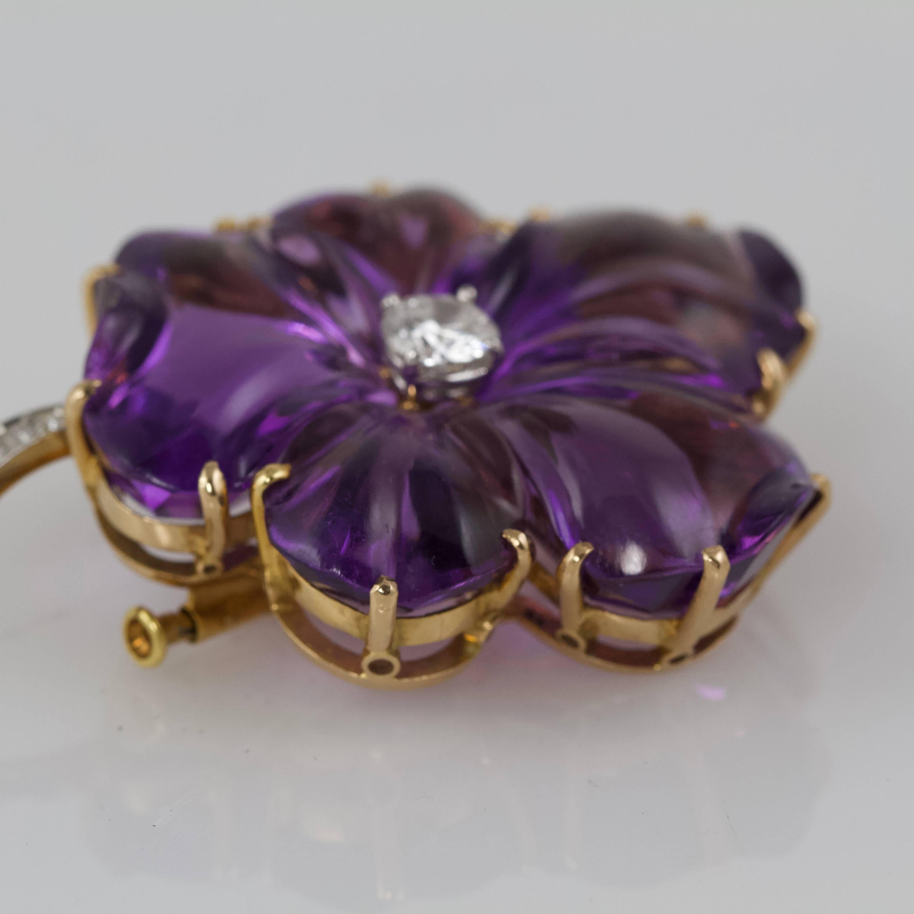 European Yellow Gold Amethyst and Diamond Pansy Brooch For Sale 1