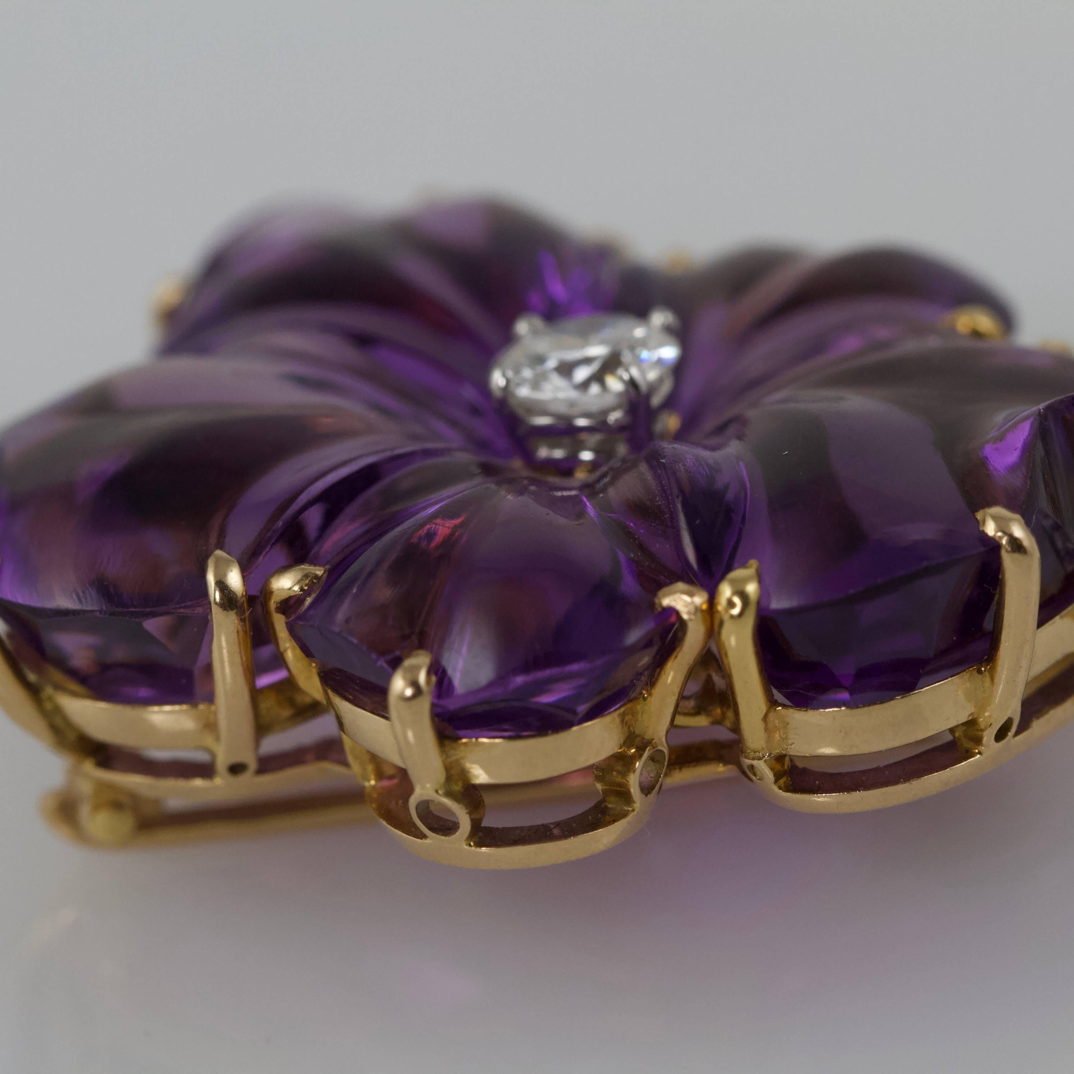 European Yellow Gold Amethyst and Diamond Pansy Brooch For Sale 2