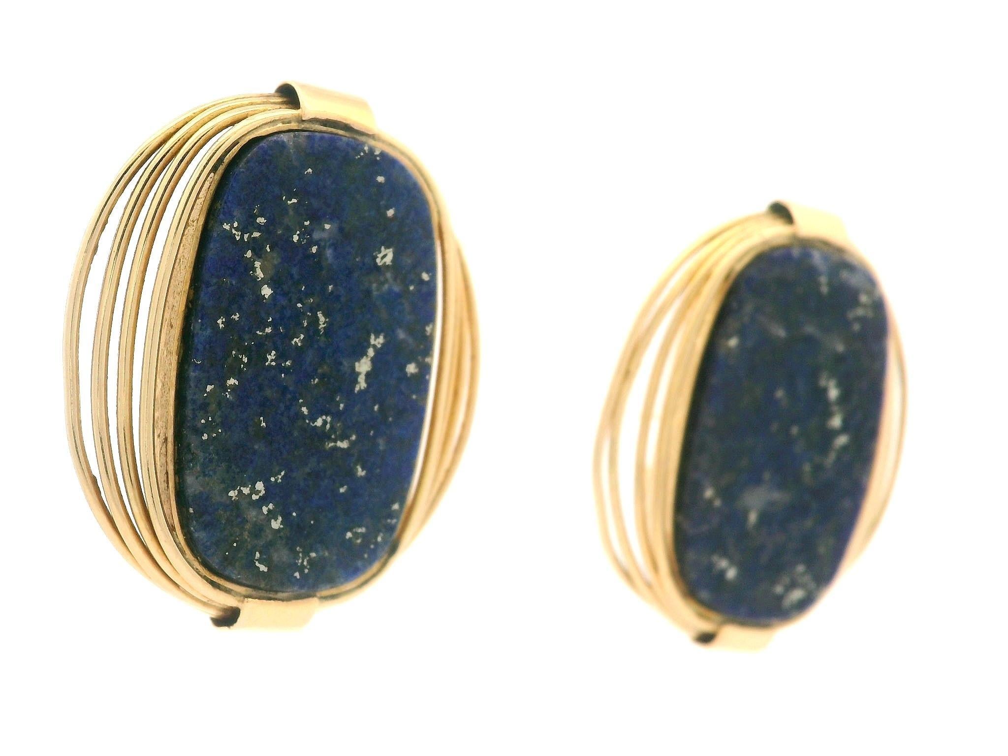 European Yellow Gold Inlaid Lapis Handmade Wire Work Large Omega Earrings In Good Condition For Sale In Montclair, NJ