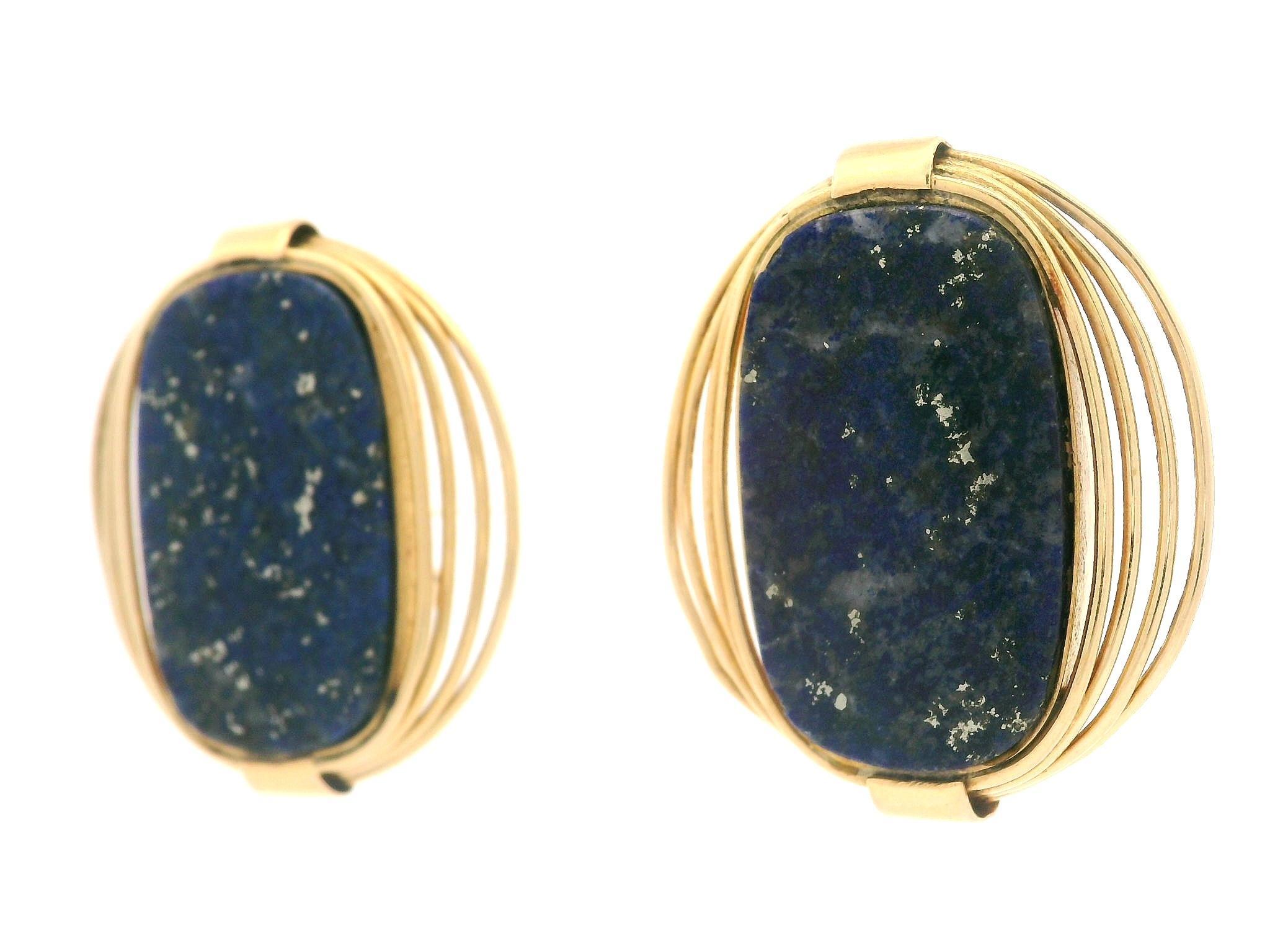 Women's European Yellow Gold Inlaid Lapis Handmade Wire Work Large Omega Earrings For Sale