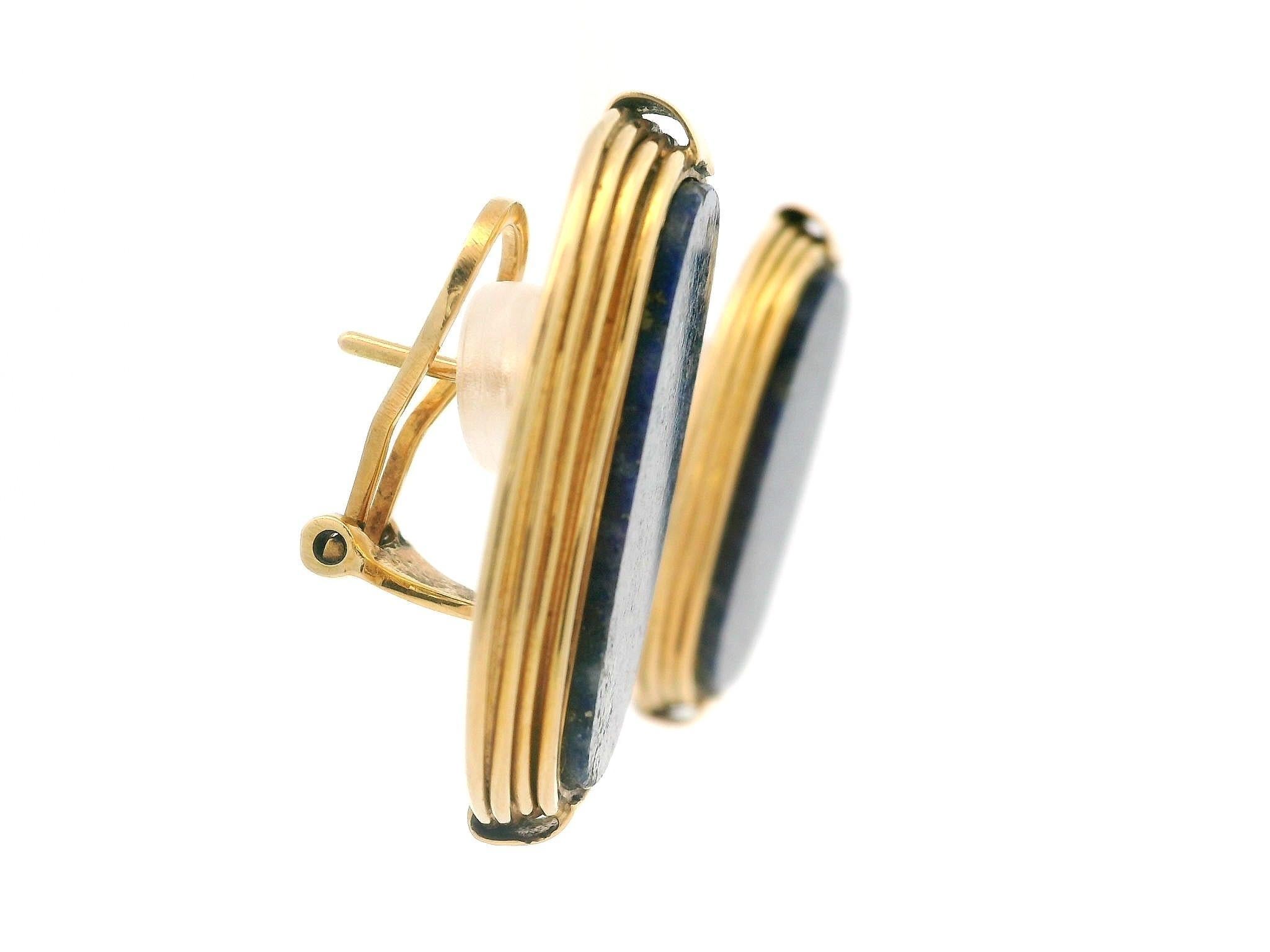 European Yellow Gold Inlaid Lapis Handmade Wire Work Large Omega Earrings For Sale 2