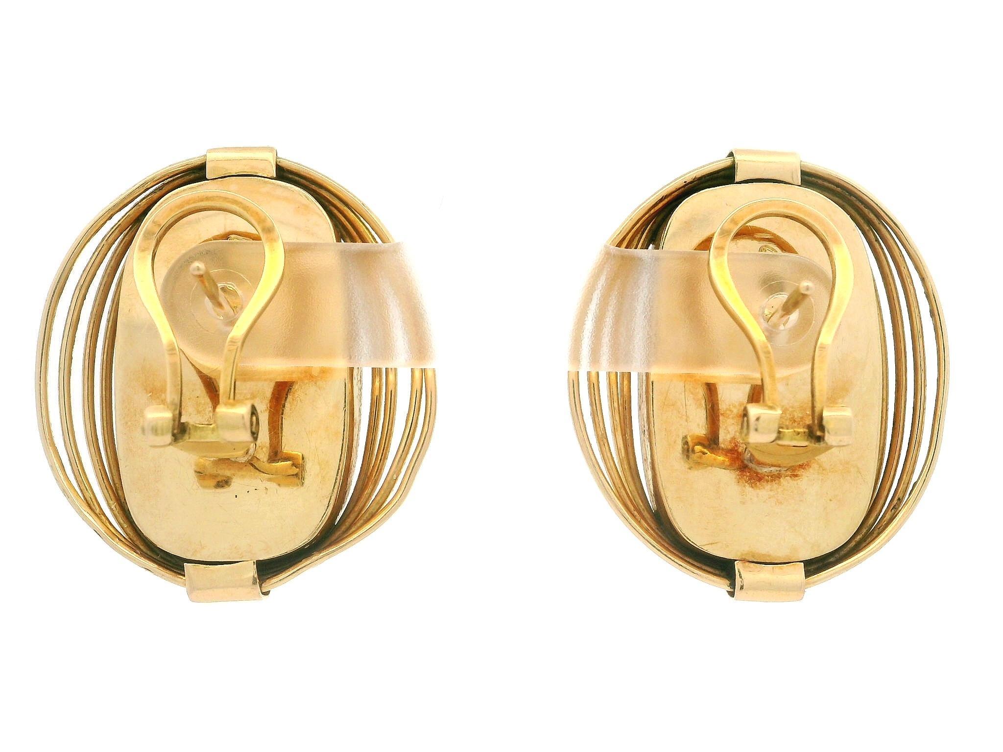 European Yellow Gold Inlaid Lapis Handmade Wire Work Large Omega Earrings For Sale 3