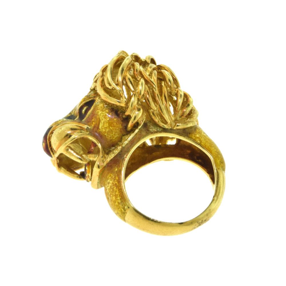 Women's or Men's European Yellow Gold Lion Head Color Enamel Vintage Ring For Sale