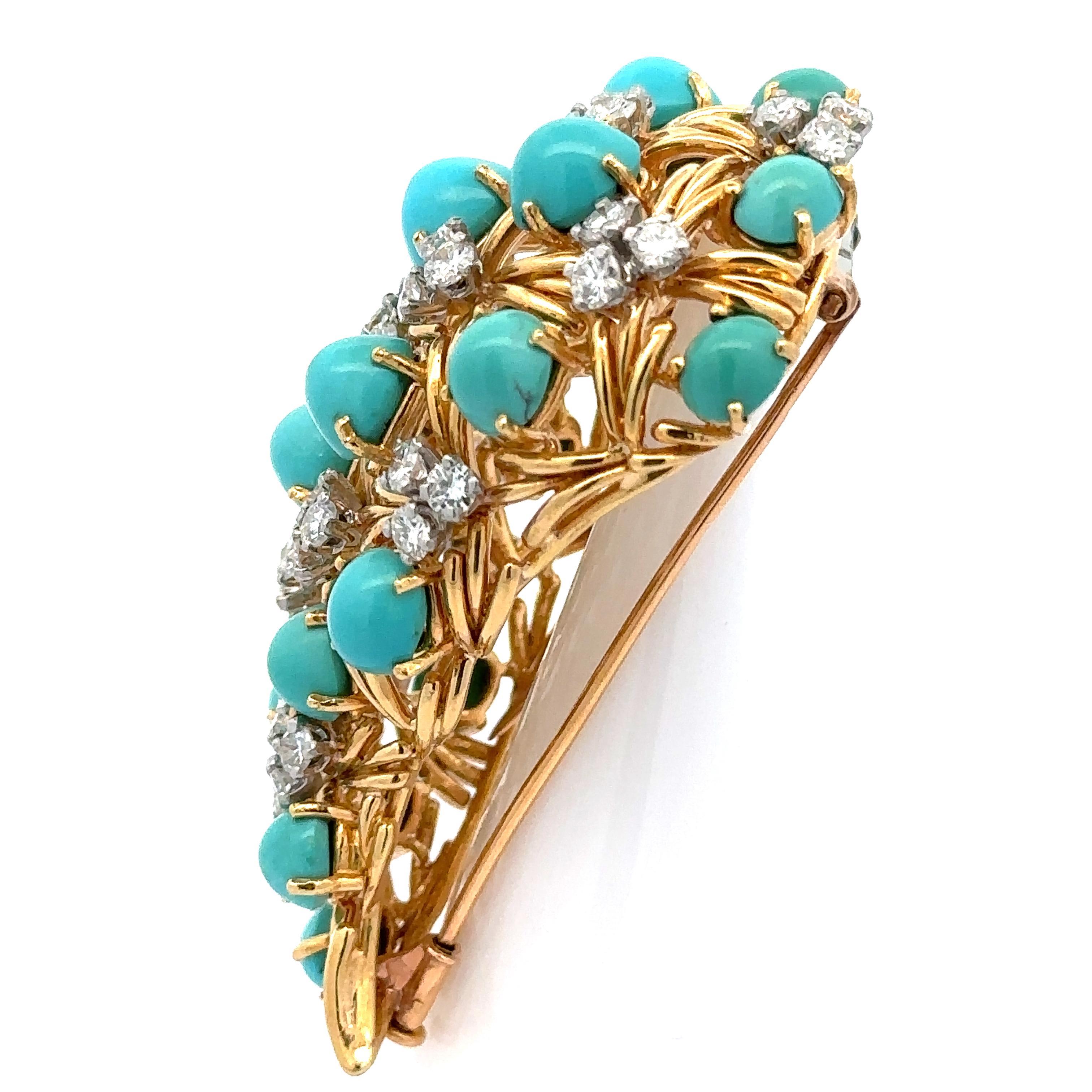 European Yellow Gold w/ Platinum Turquoise & Diamond Paisley Style Pin Brooch For Sale 5