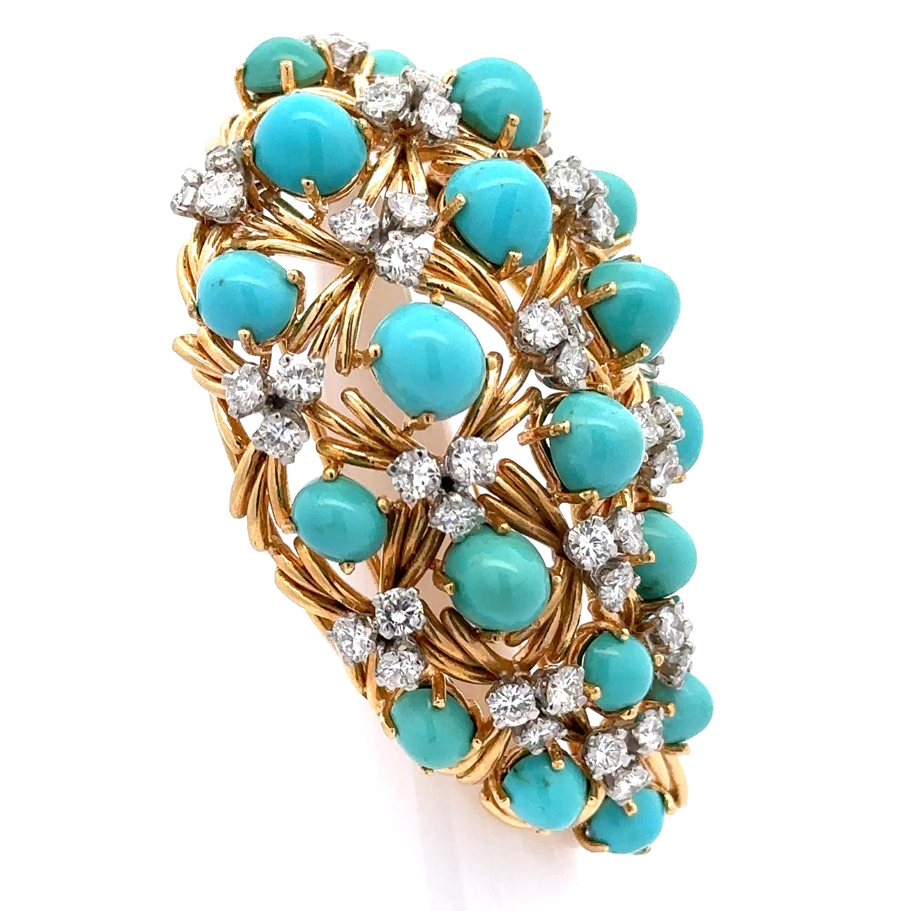 European Yellow Gold w/ Platinum Turquoise & Diamond Paisley Style Pin Brooch For Sale 6
